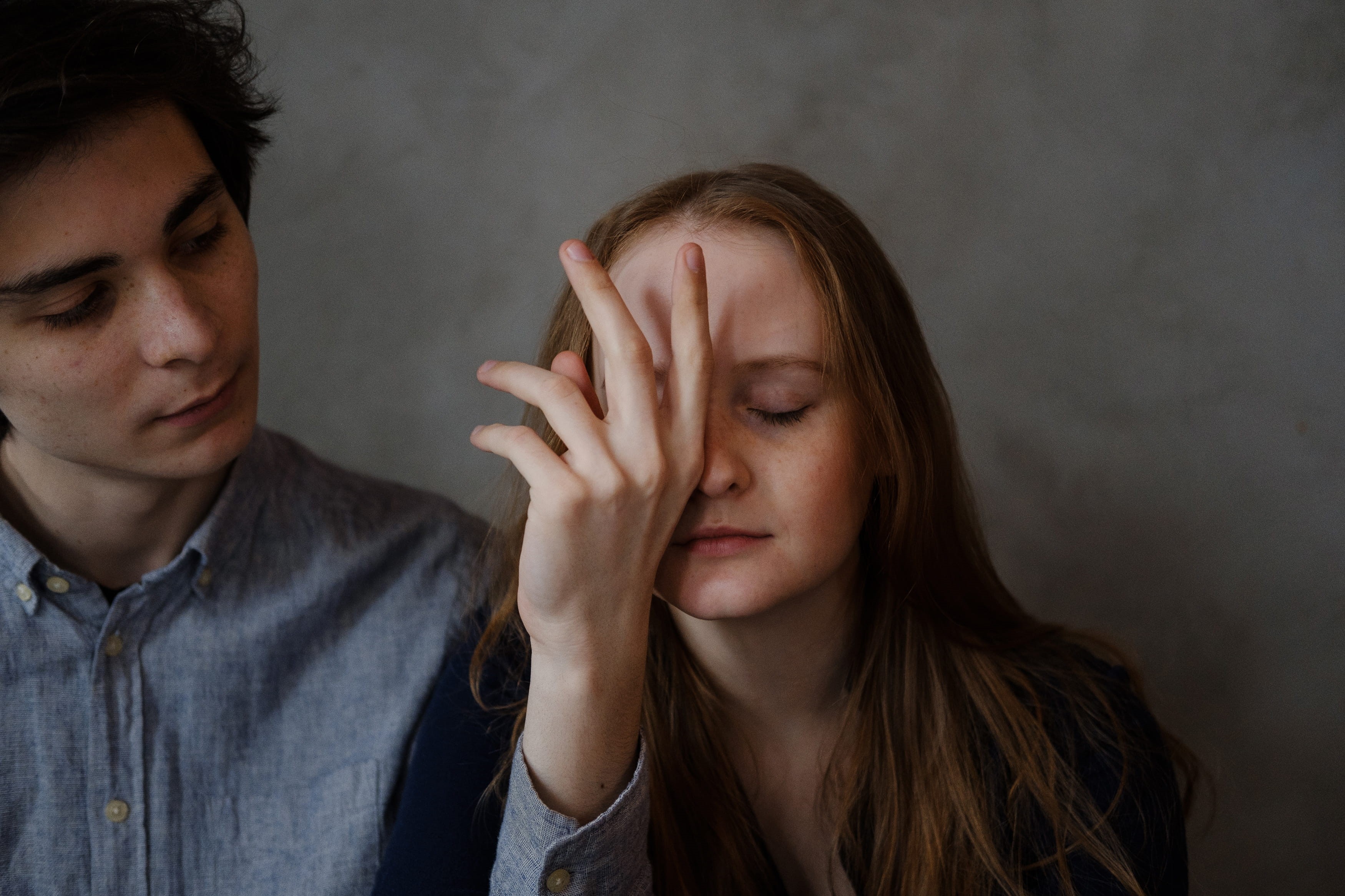 young couple, lips, skin, male, indoors, outfit, close-up, colors, pretty, faces, boyfriend, fashionable, contemplation, woman, young man, models, eyes, HD Wallpaper