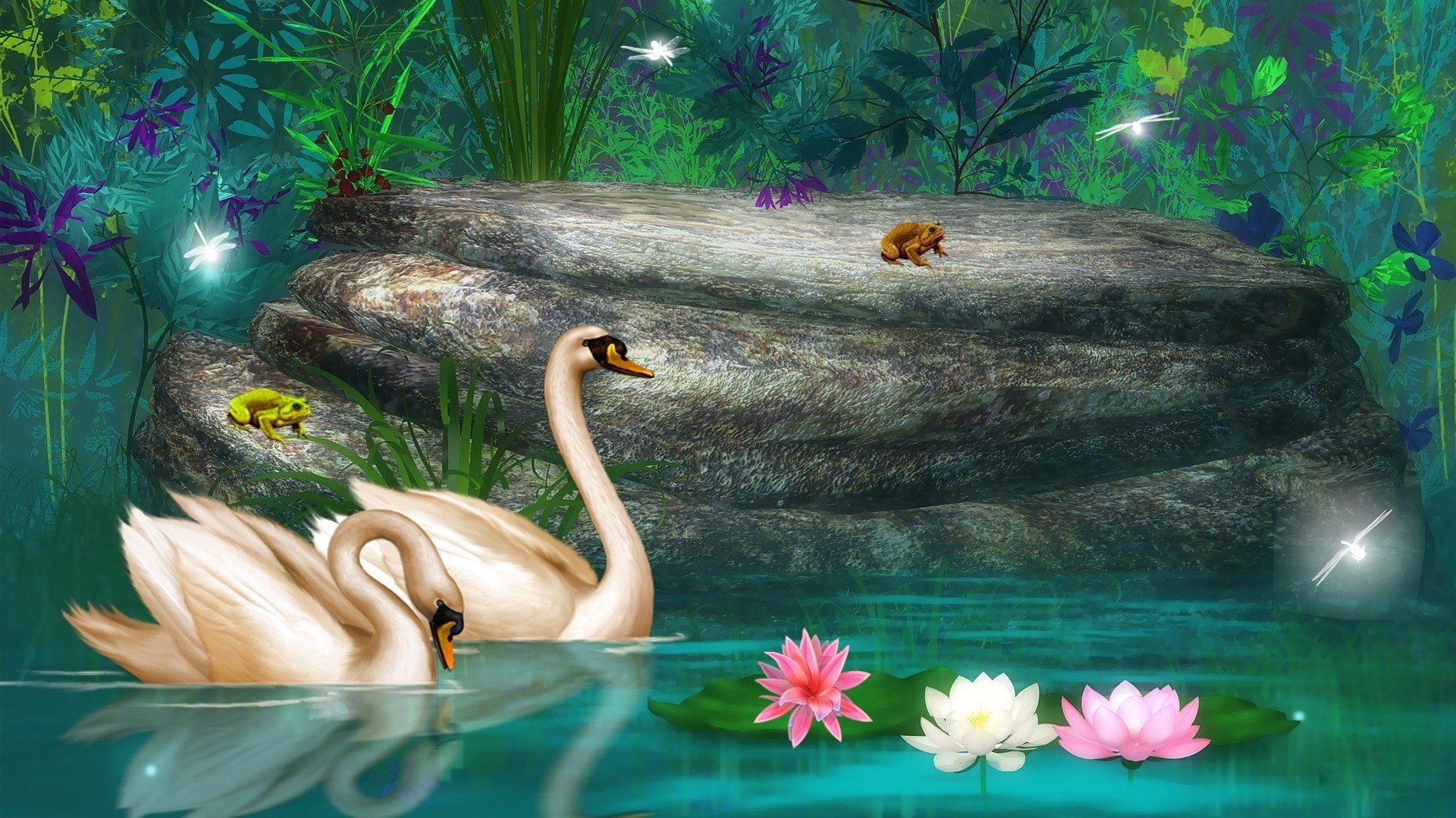 Rock, Pond, Lotus, Birds, Frog, Flower, Forest, 1080P, Swan, Artistic, HD Wallpaper