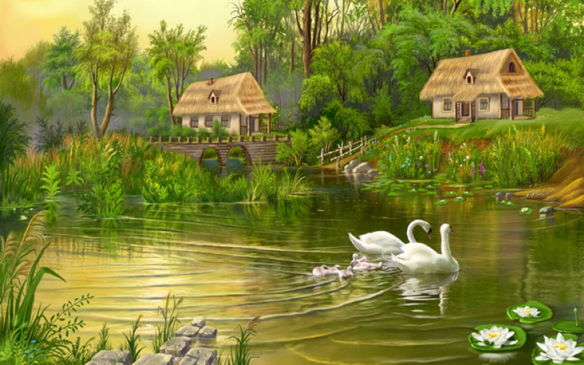 straw, lotus, bridge, 1080P, trees, family, hd, cover, swan, art, house, desktop, lake, flowers, pond, stone, HD Wallpaper