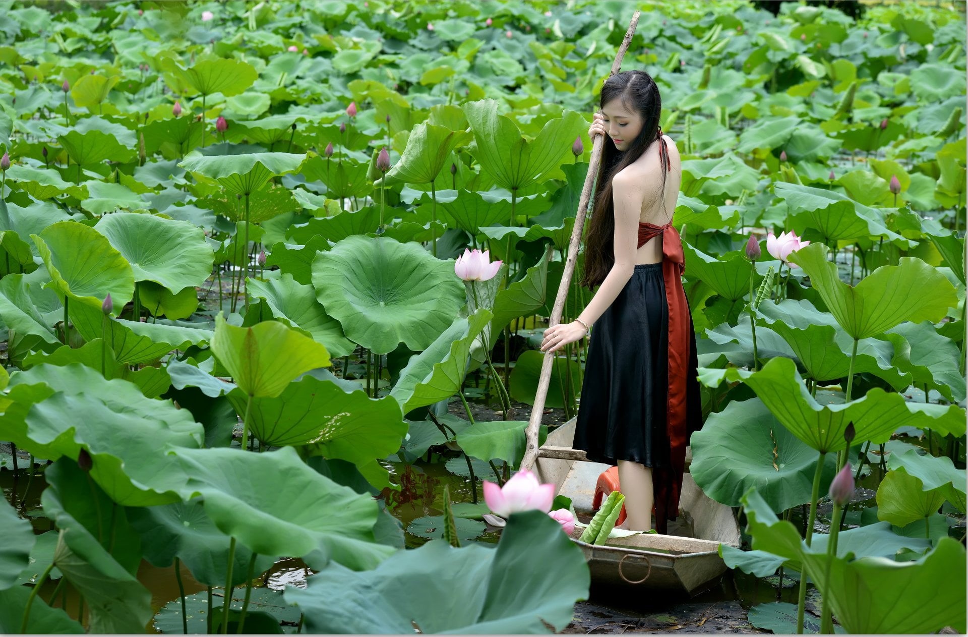 beautiful woman, Girl, lifestyles, Boat, flowering plant, one person, Pond, Flower, fashion, hair, Asian, Women, 1080P, real people, beauty in nature, HD Wallpaper