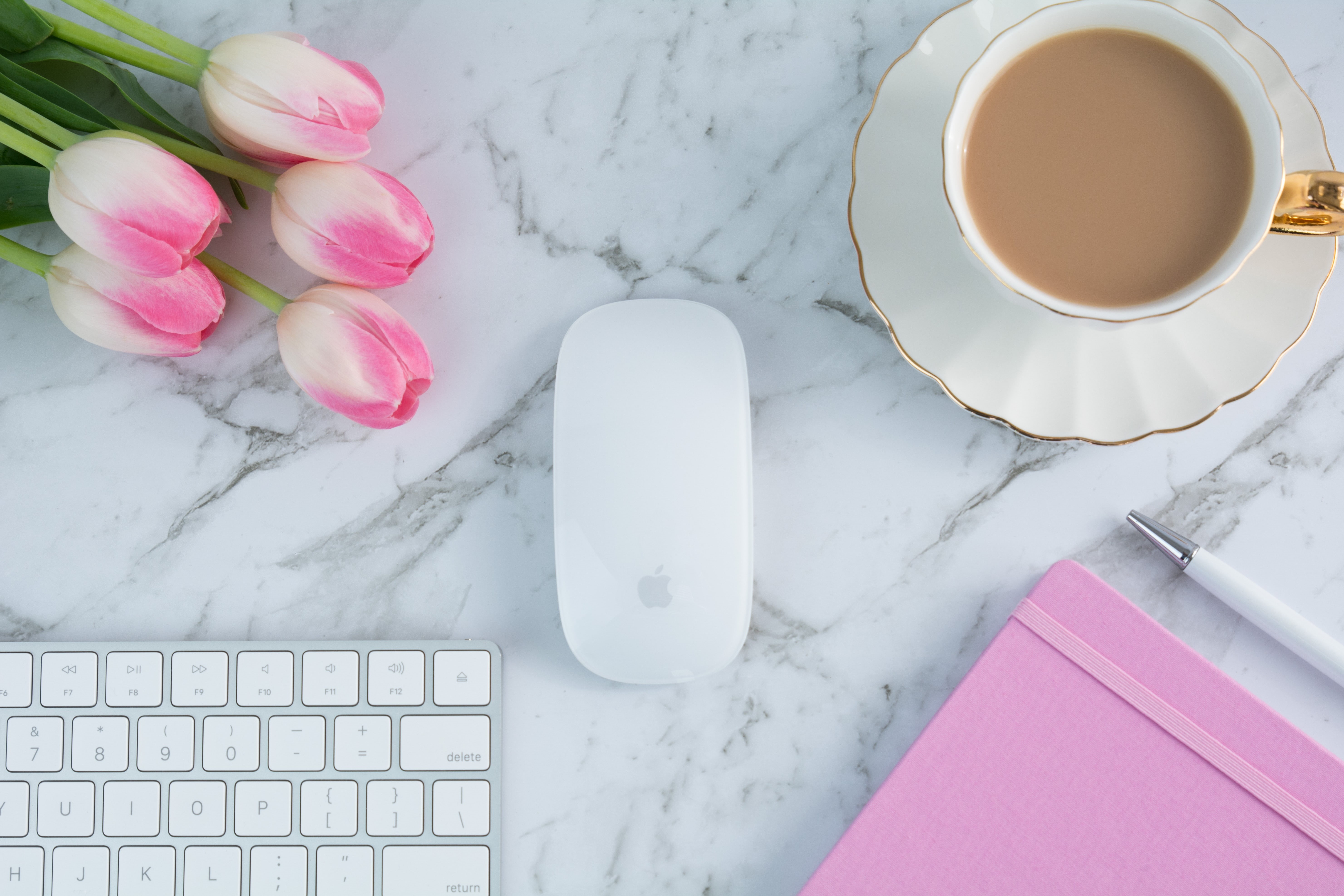 pink, coffee, flowers, tender, tulips, Notepad, 5K, keyboard, Cup, HD Wallpaper