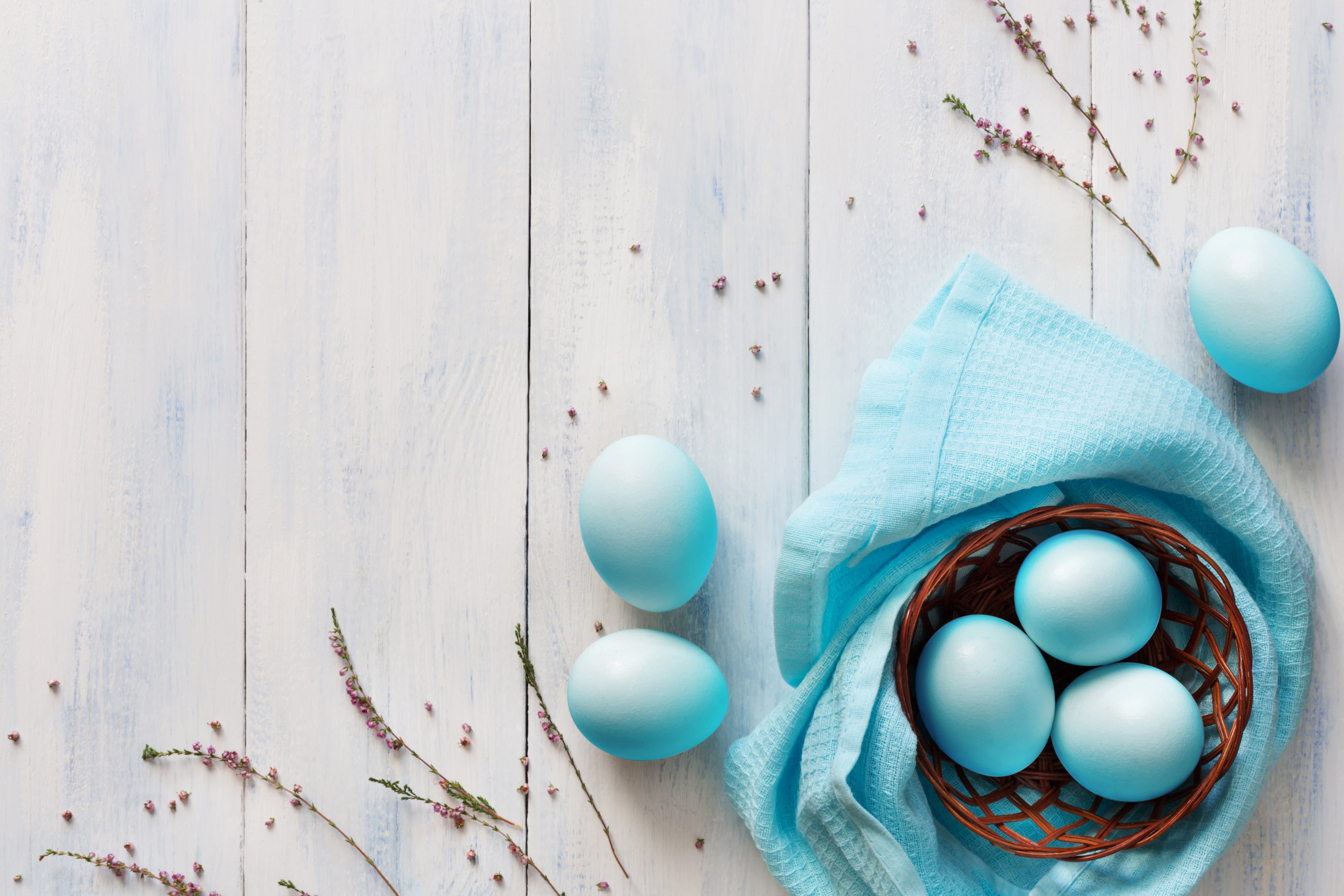 tender, decoration, blue, Easter, Happy, 5K, basket, eggs, wood, spring, HD Wallpaper