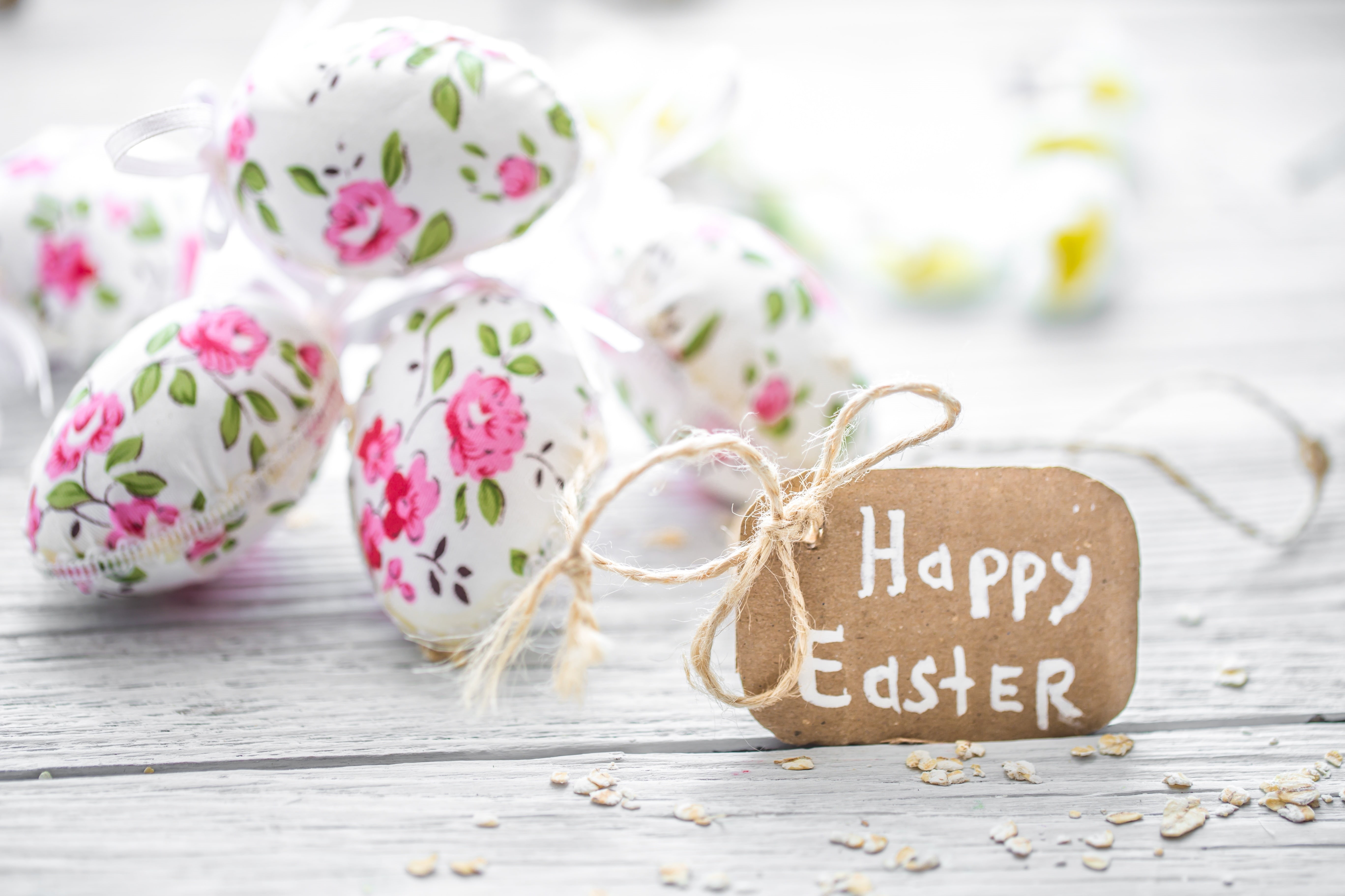 easter, pink, white, card, Happy Easter!, deco, egg, flower, 5K, HD Wallpaper