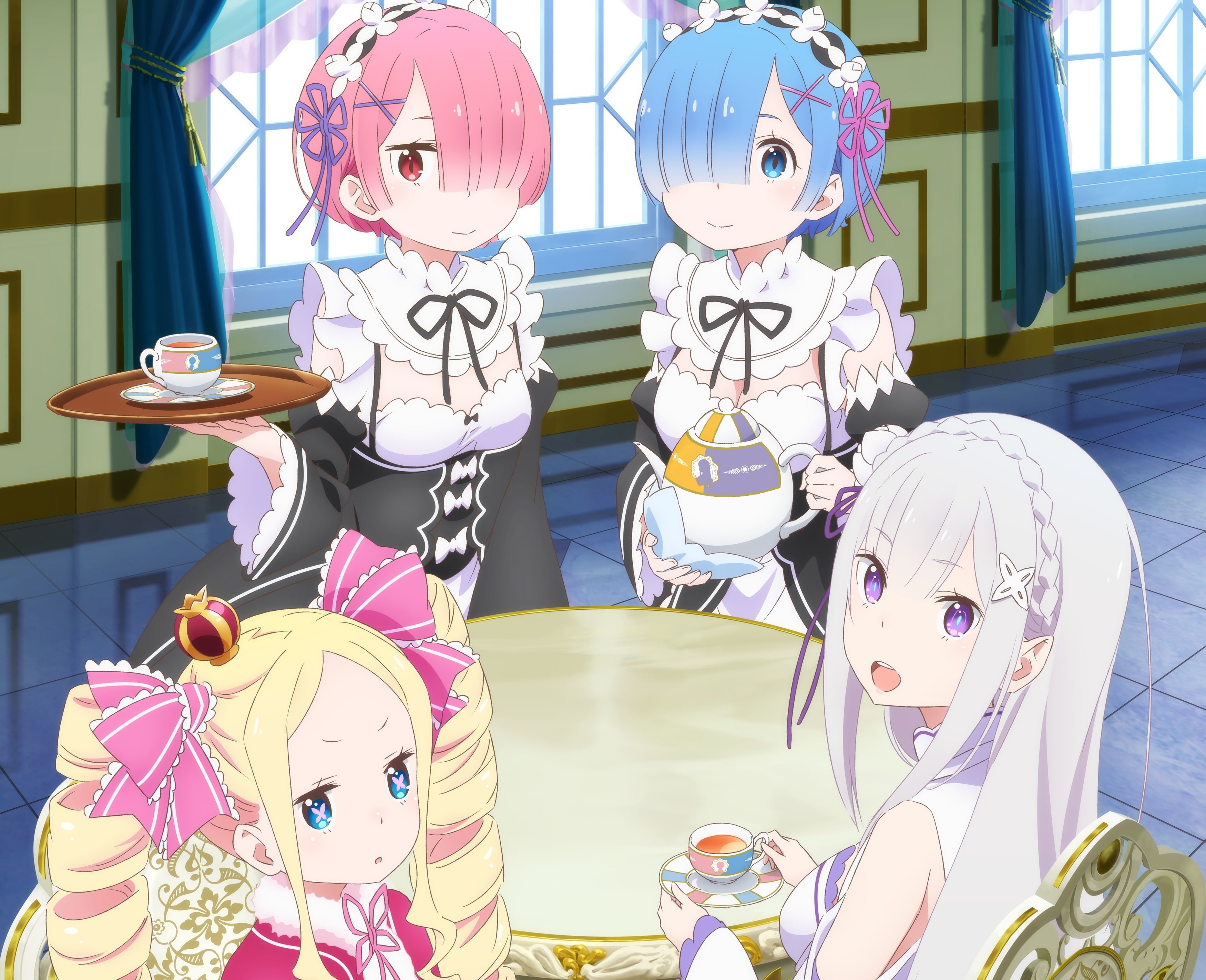 toy, representation, emilia, multi colored, close-up, craft, beatrice, ram, Anime, tea, disguise, human representation, indoors, re: zero, day, art and craft, HD Wallpaper