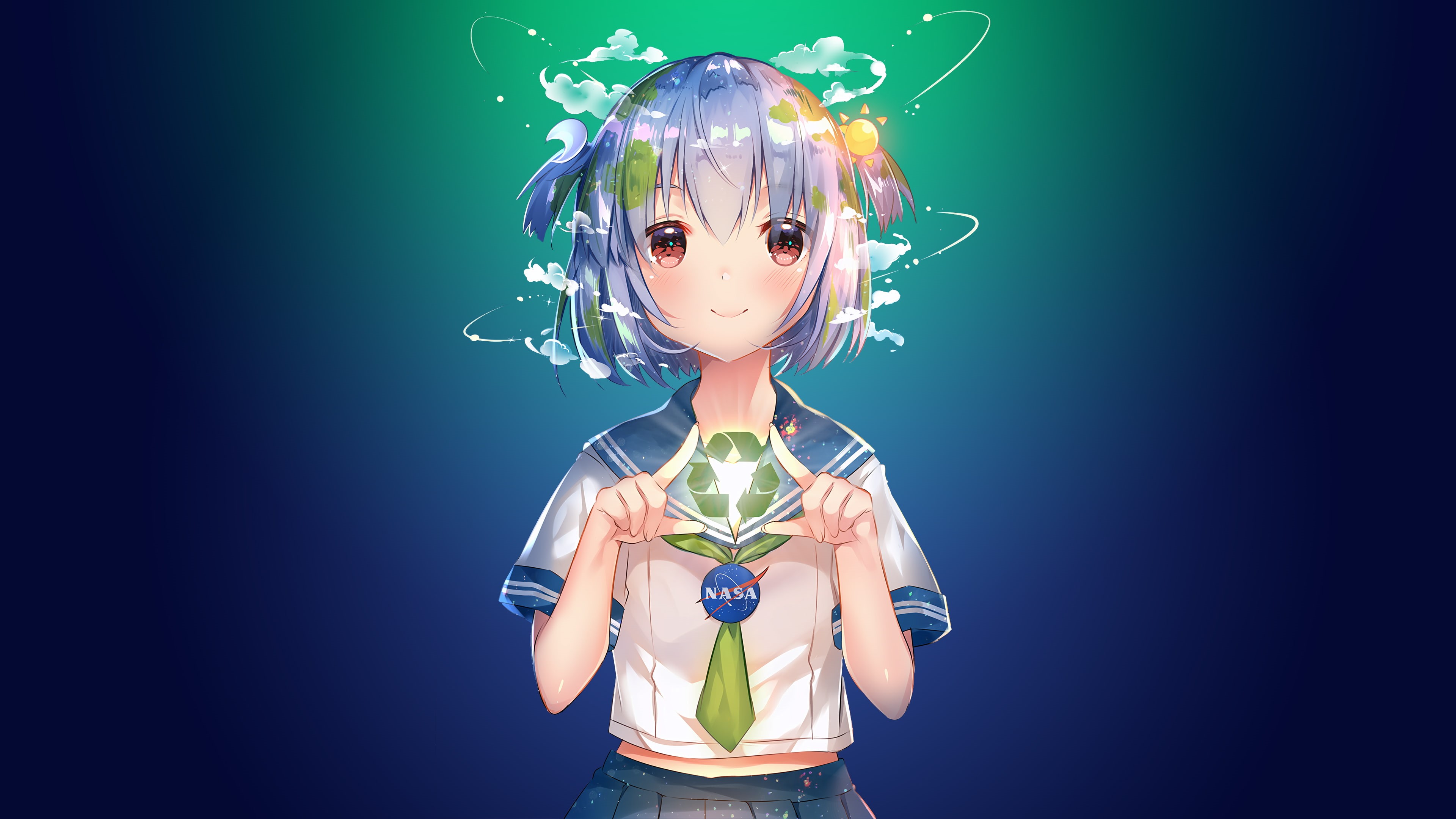 4K, Earth-chan, anime girls, artwork, simple background, anime, digital art, HD Wallpaper