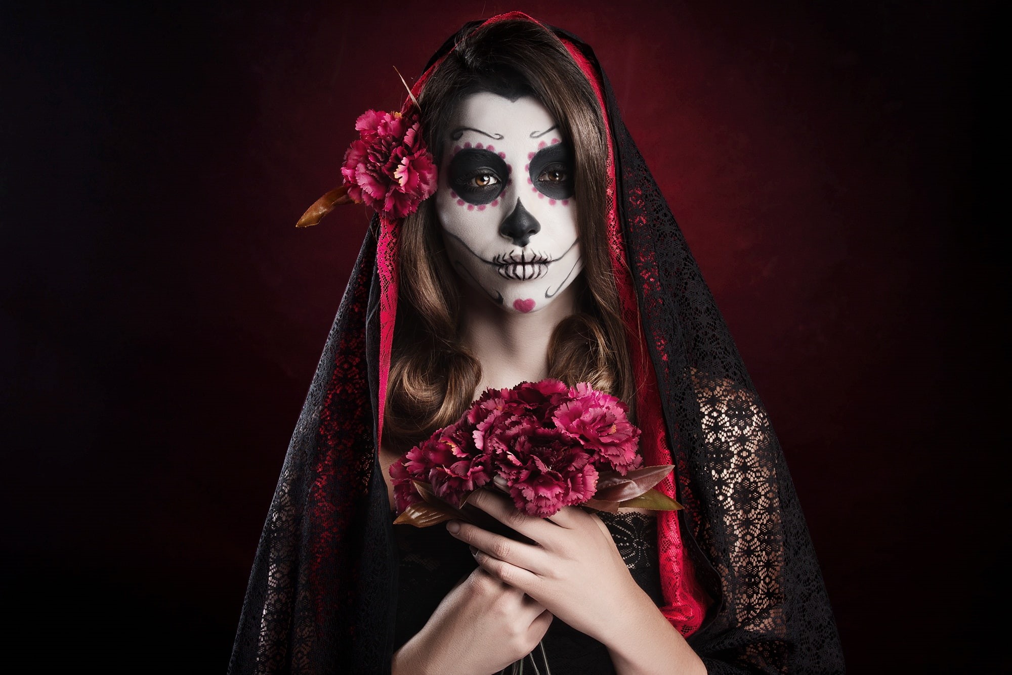 black background, 1080P, adult, young adult, celebration, model, indoors, beautiful woman, young women, flower, human body part, skull, front view, make-up, HD Wallpaper