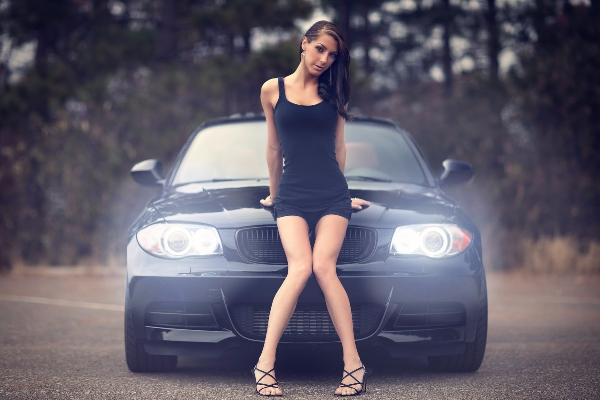 transportation, model, women, brunette, head lights, clothing, looking at camera, mode of transportation, motor vehicle, lifestyles, beautiful woman, 1080P, HD Wallpaper