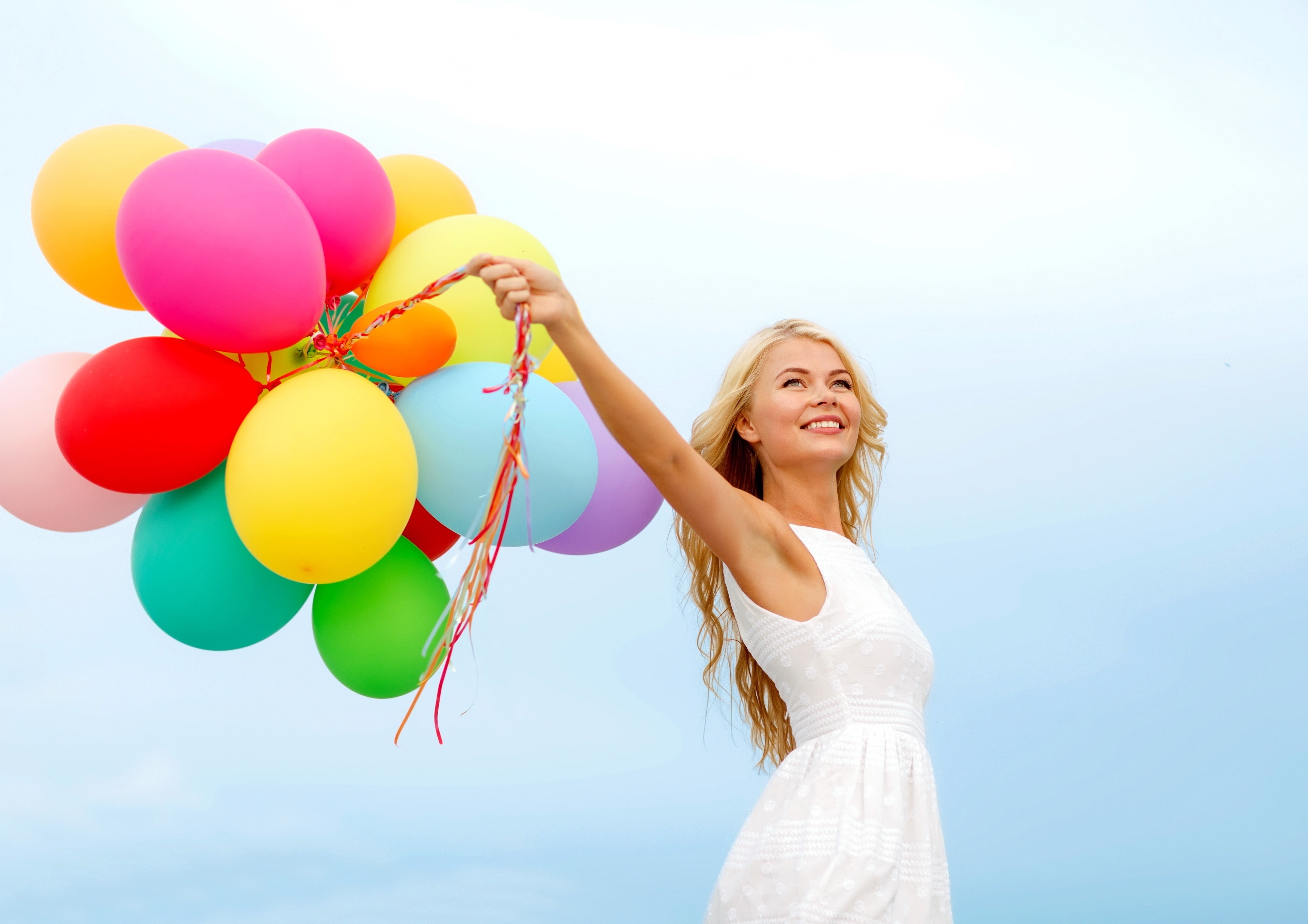 fashion, celebration, happiness, party - Social Event, holding, beautiful, emotion, yellow, cloud - Sky, sky, balloon, cute, bunch, body part, tank, girls, HD Wallpaper