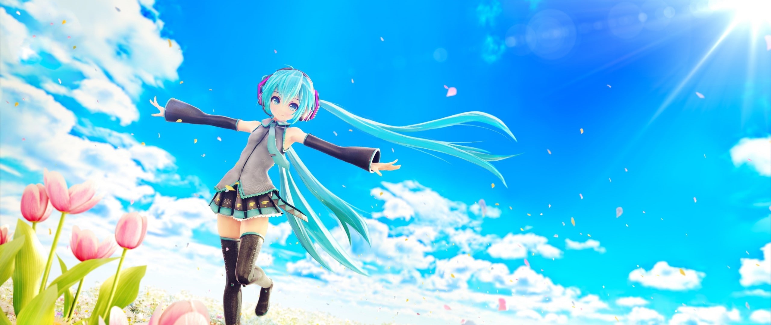 carefree, excitement, enjoyment, 2K, men, males, blue hair, Hatsune Miku, one person, flower, sky, blue, flowers, futuristic, childhood, full length, clouds, HD Wallpaper