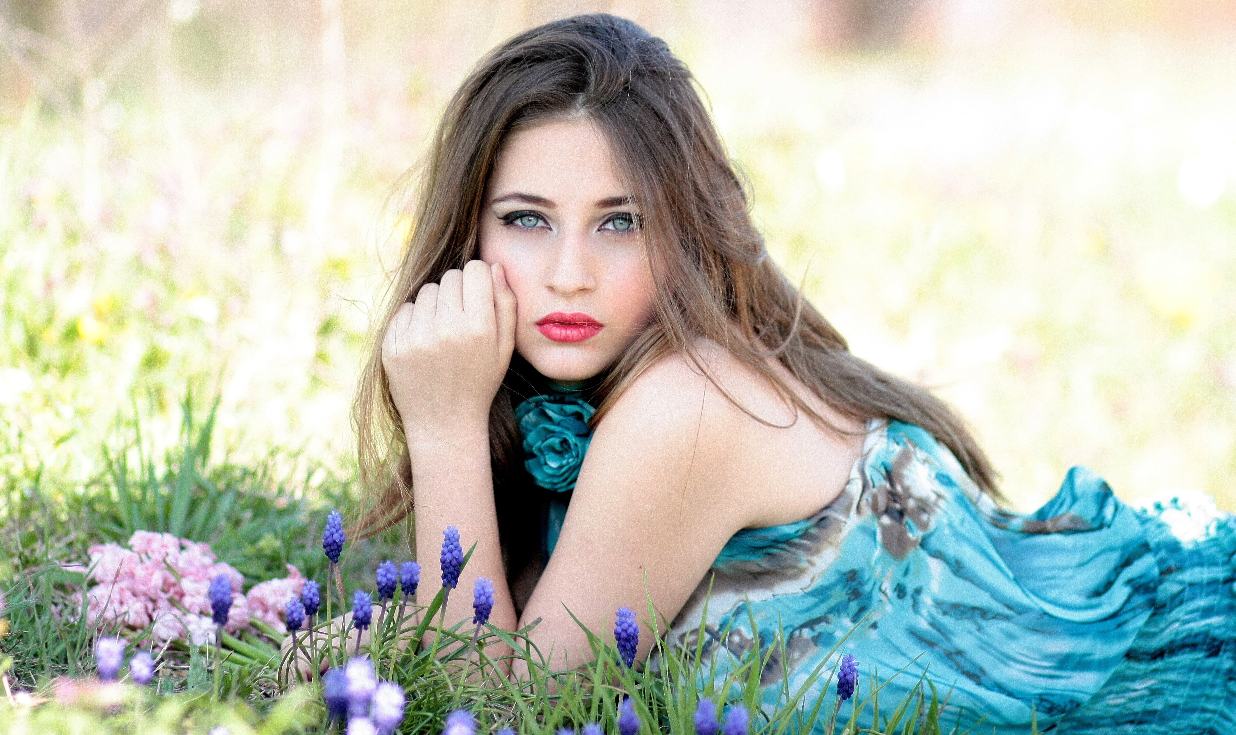 people, flower, teal, outdoors, dress, females, 4K, young Adult, green, nature, girl, long hair, spring, contemplation, beautiful woman, daytime, one Person, HD Wallpaper