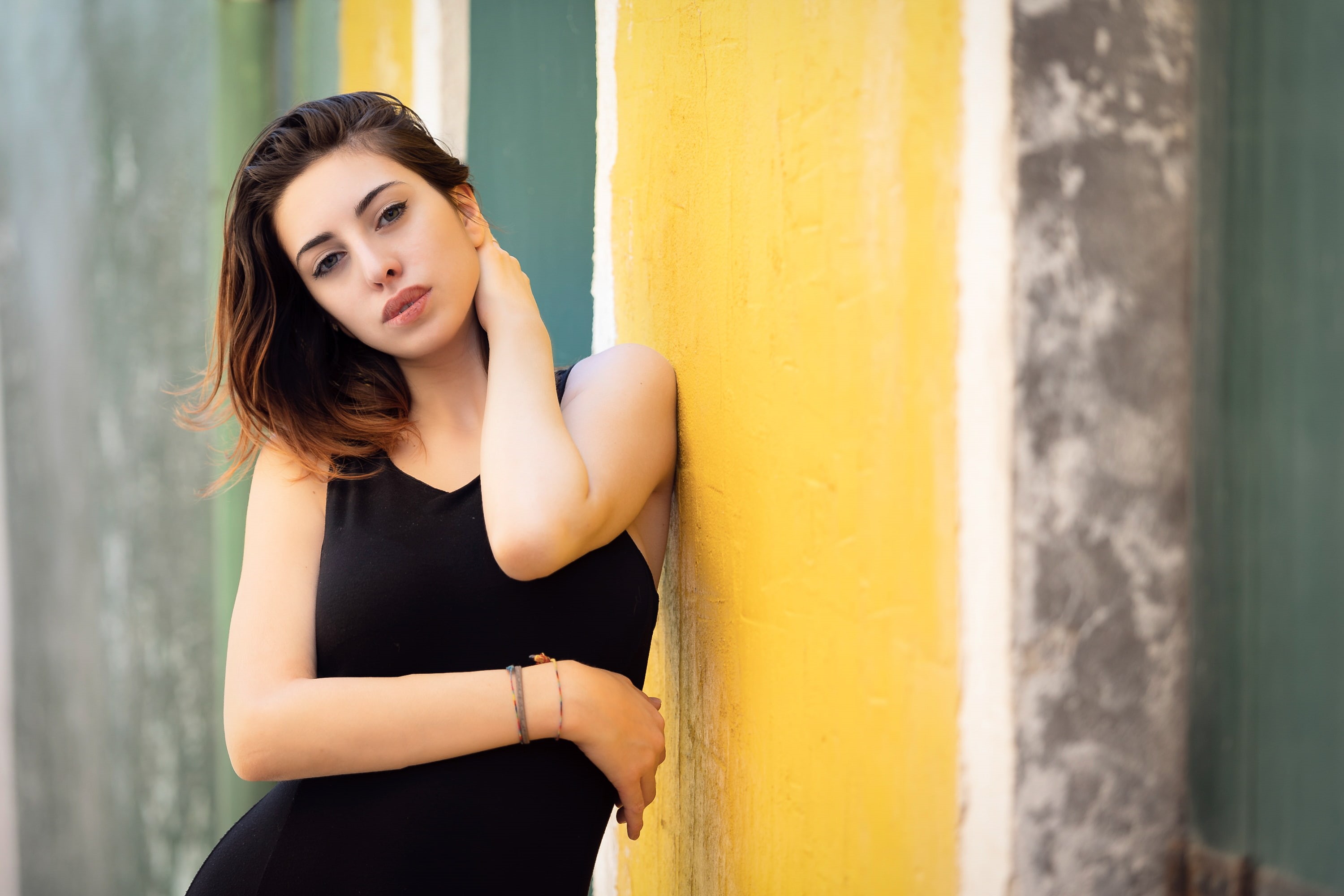 women, Luigi Malanetto, black dress, Serena Nemera, looking at viewer, dress, women outdoors, 2K, model, brunette, HD Wallpaper