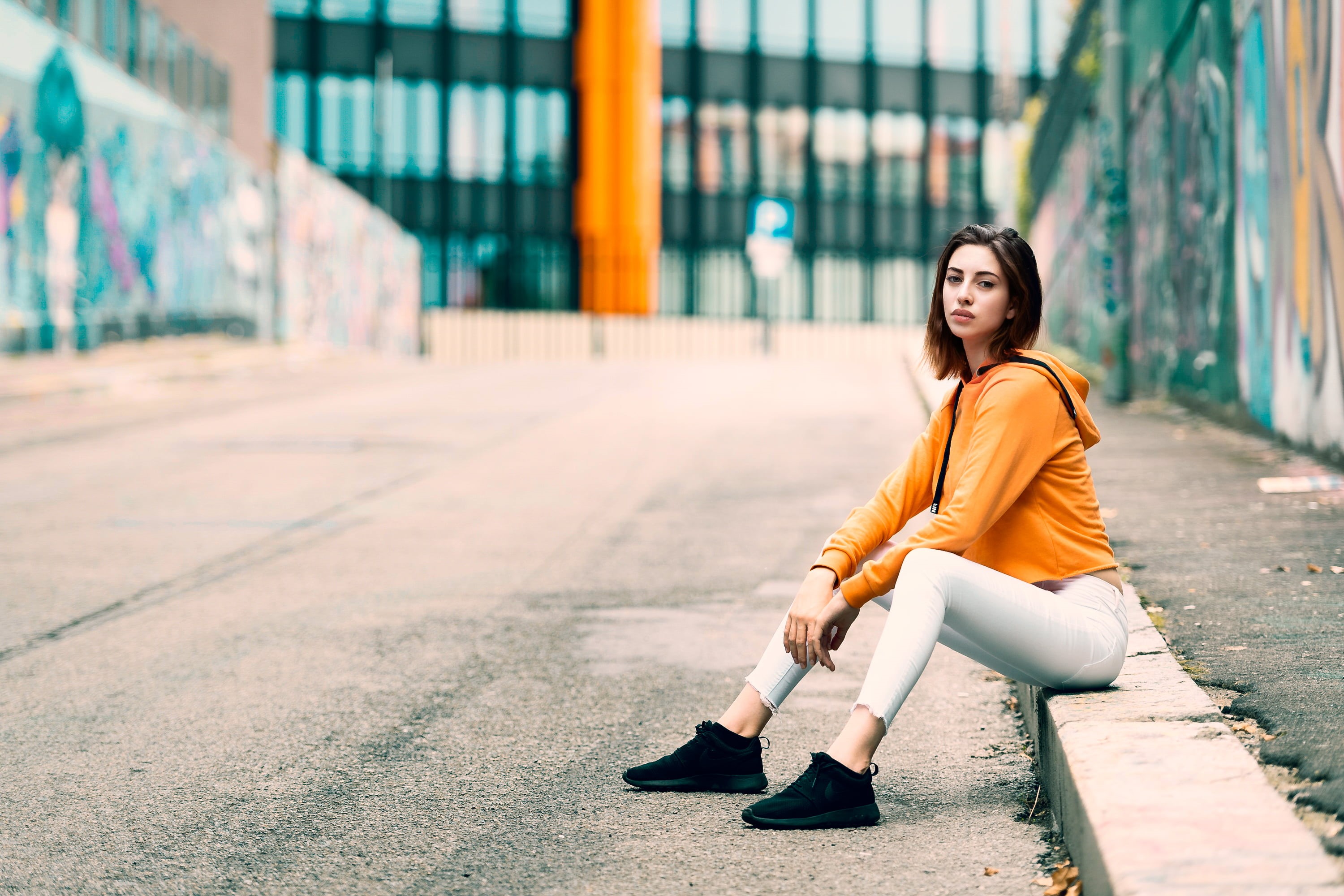 women, hoods, urban, pavements, brunette, sitting, Serena Nemera, 2K, street, sneakers, leggings, Luigi Malanetto, model, Nike, Serena Ferri, looking at, HD Wallpaper
