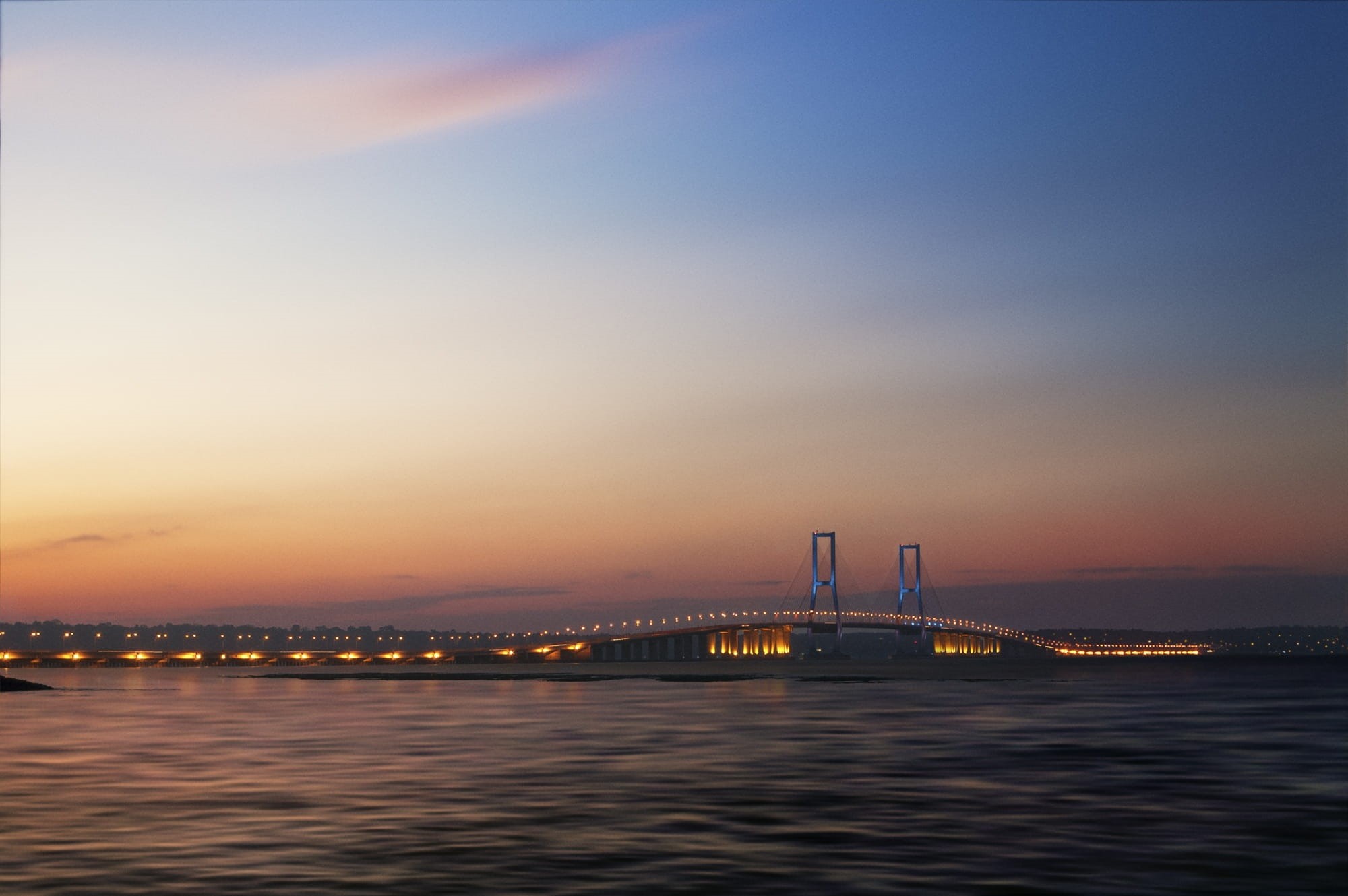water, illuminated, bay, landscape, blue, skyscraper, waterfront, island, office building exterior, royalty, orange, no people, java, travel destinations, HD Wallpaper