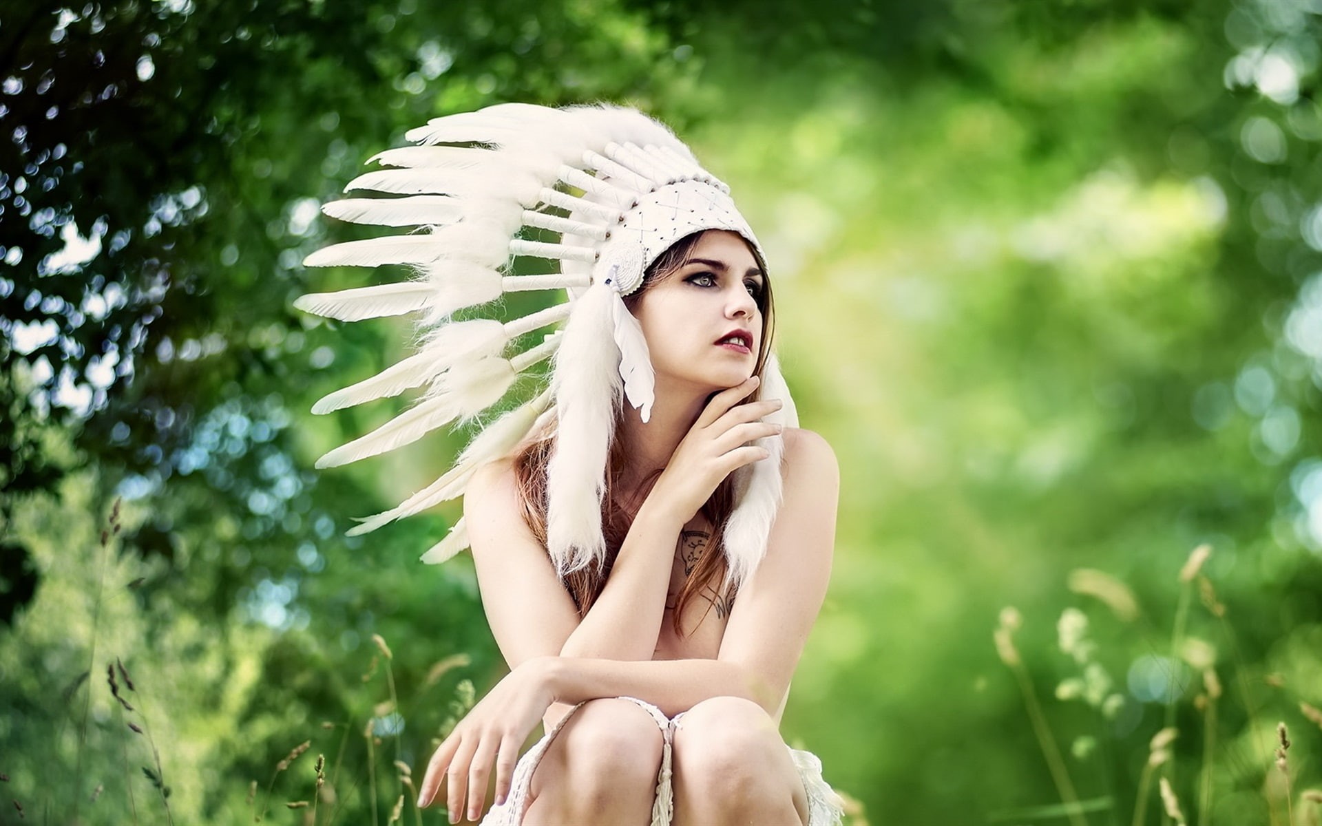 Hat, head, Girl, Feathers, s, fur, Indian, Style, dress, white, Summer, 1080P, women, HD Wallpaper