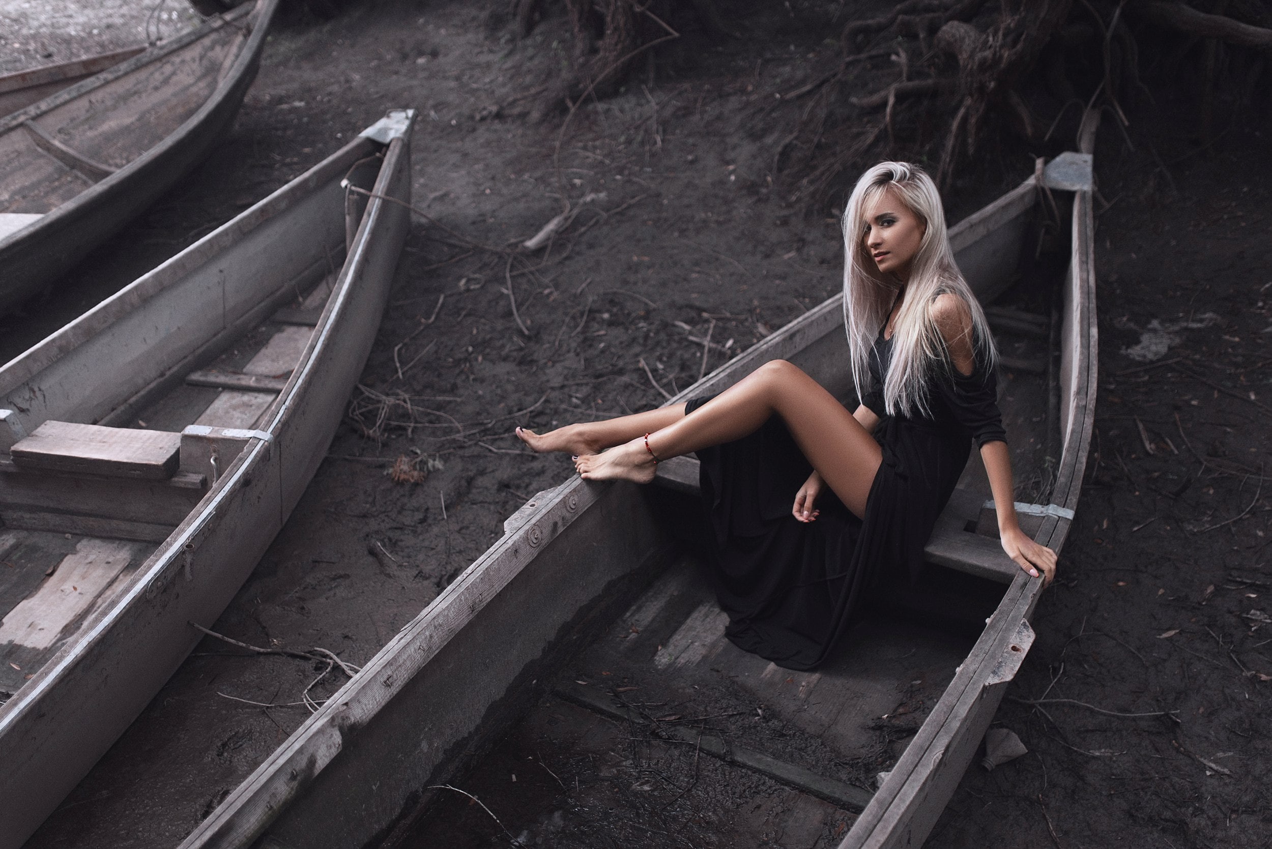 adult, looking at camera, leisure activity, boat, women, beauty, beautiful woman, black dress, 1080P, contemplation, anklet, young women, one person, abandoned, HD Wallpaper