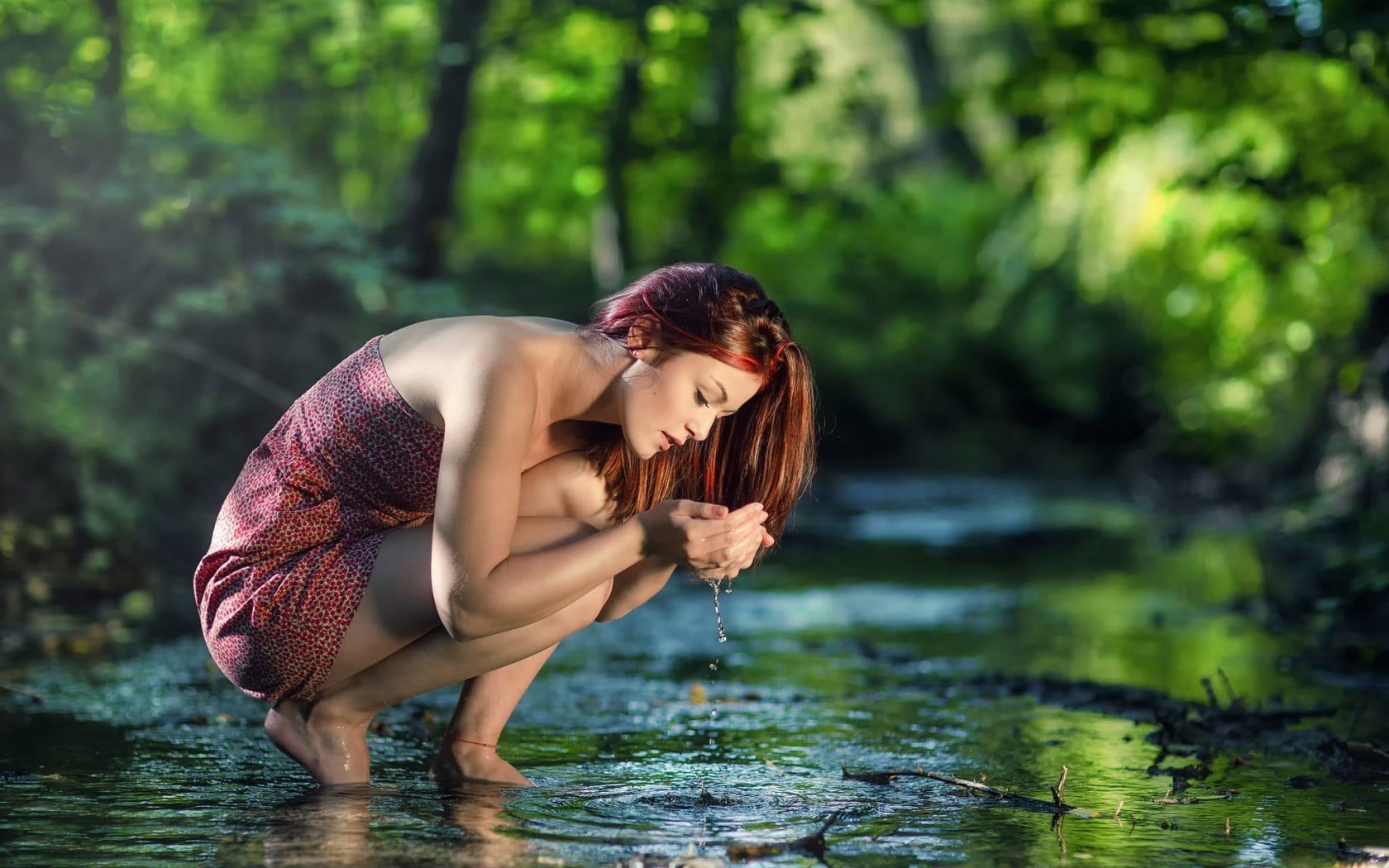 720P, adult, anklet, outdoors, hair, beautiful woman, brunette, women, tree, one person, beauty, forest, water, nature, young women, young adult, clothing, HD Wallpaper