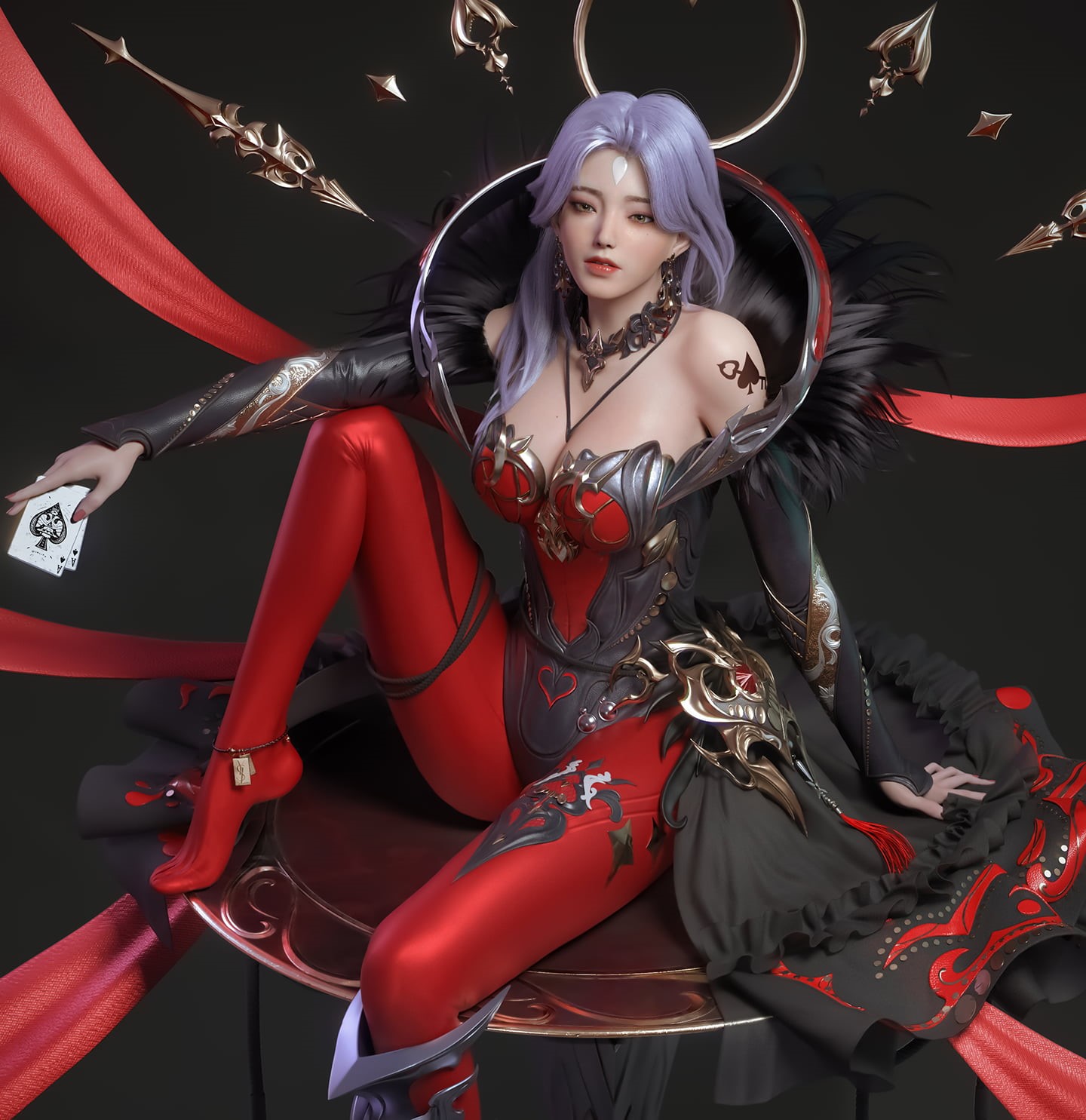 Cifangyi, red, CGI, cards, jewelry, looking away, purple hair, anklet, 720P, aces, dress, red clothing, Phone HD Wallpaper