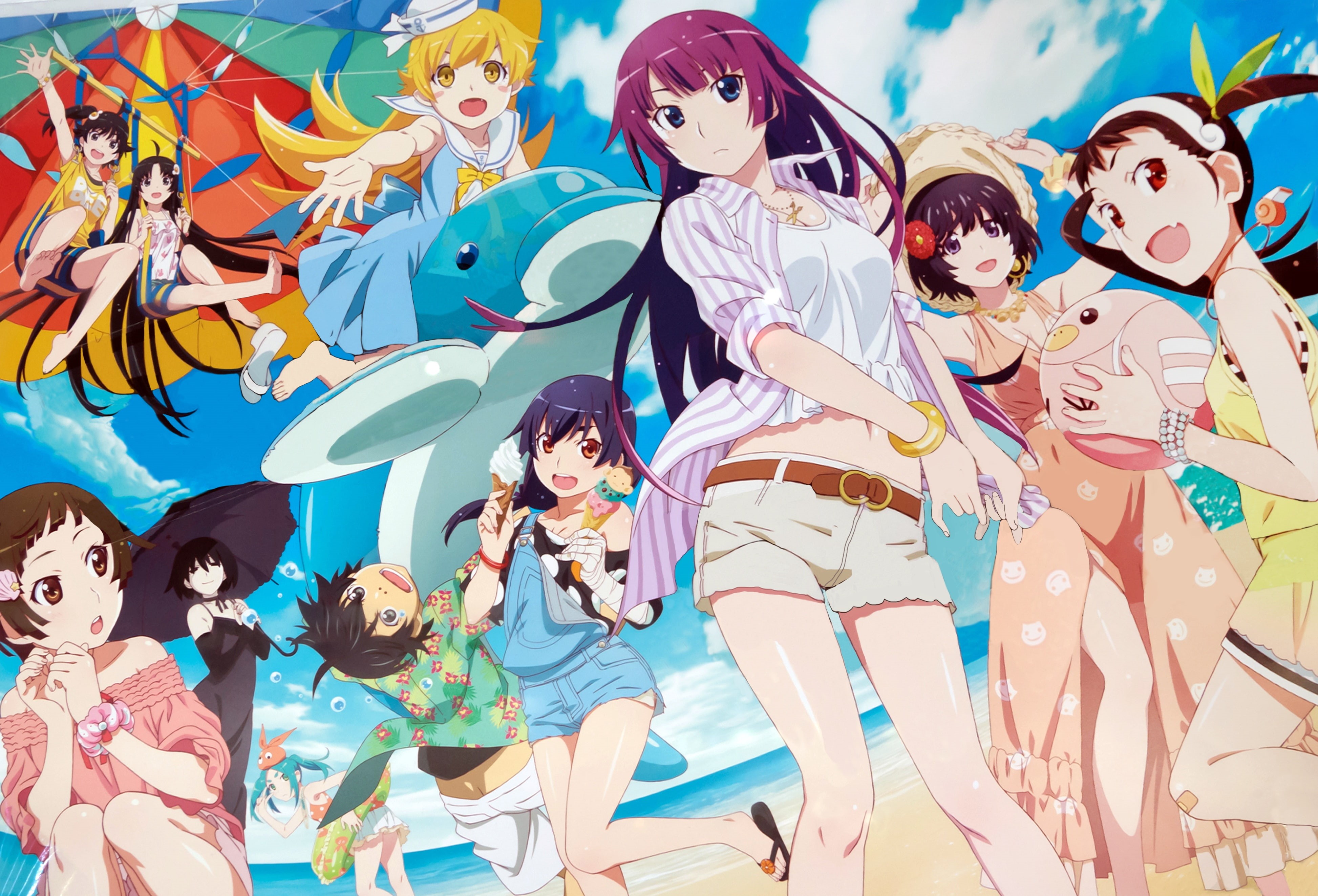 Hanekawa Tsubasa, Oshino Ougi, Kanbaru Suruga, Araragi Koyomi, Ononoki Yotsugi, festival, men, day, art and craft, multi colored, 4K, people, summer, Araragi Karen, HD Wallpaper