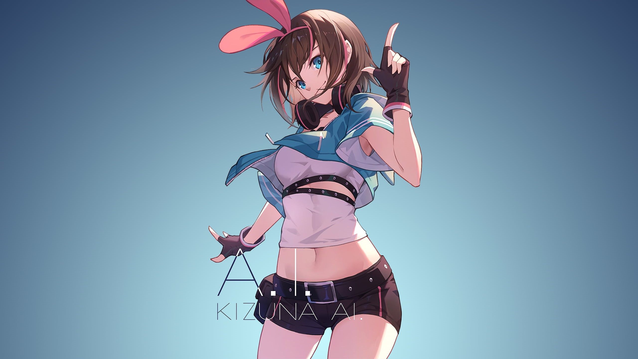 anime, anime girls, blue, casual, white shirt, YouTube, fan art, white skin, simple background, dark hair, 2K, blue eyes, HD Wallpaper