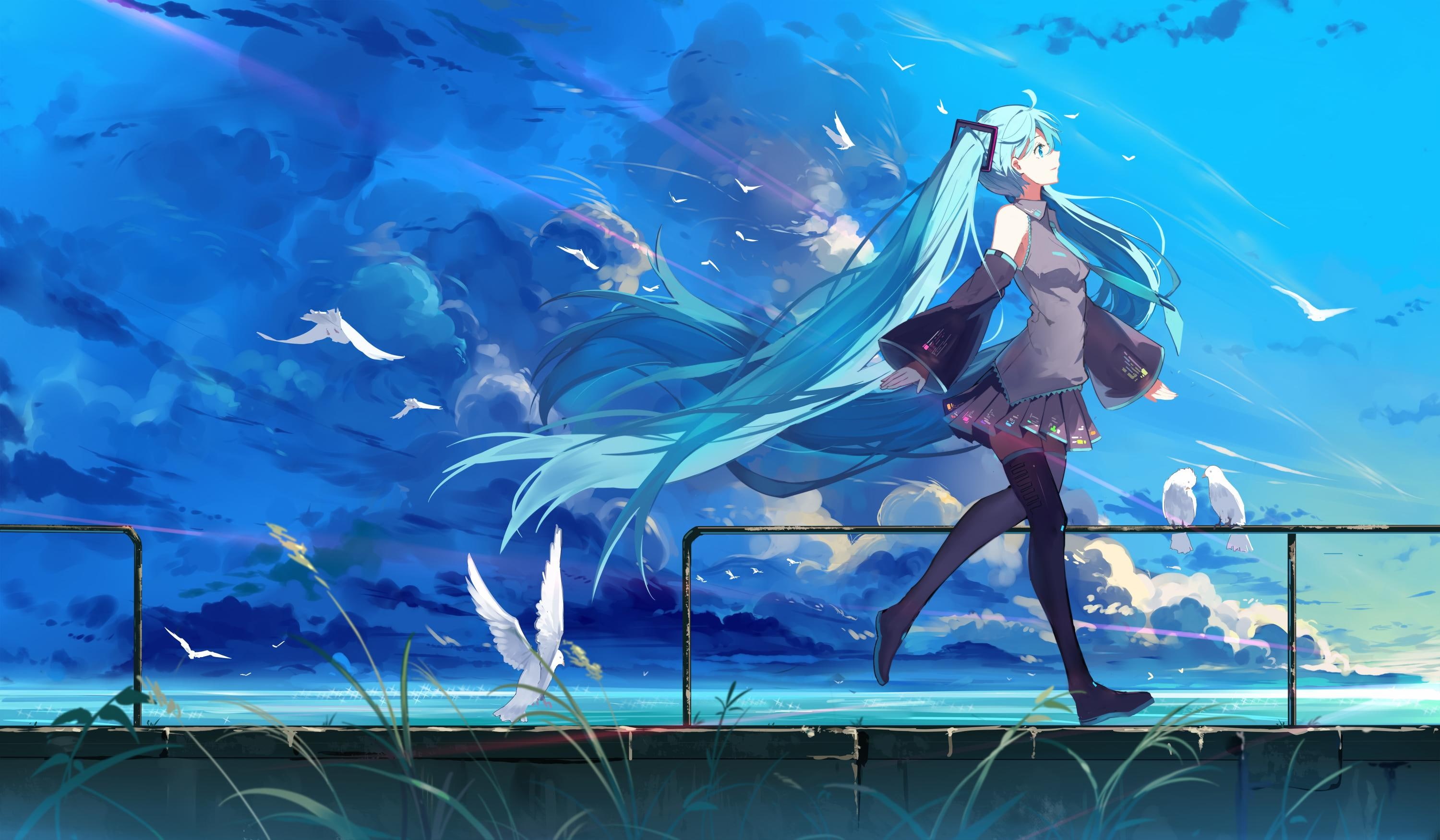 black stockings, clouds, blue hair, blue, 2K, landscape, Hatsune Miku, fan art, white skin, Vocaloid, HD Wallpaper