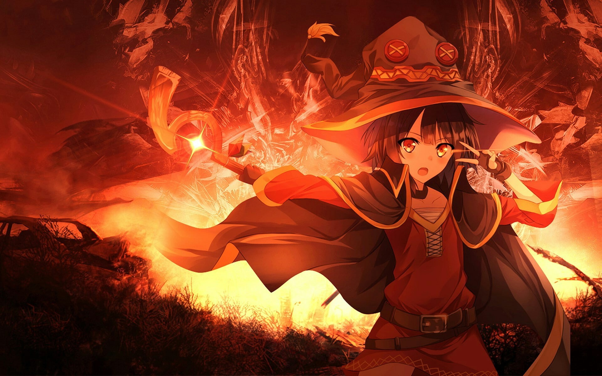 sitting, fire - natural phenomenon, red, leisure activity, celebration, night, heat - temperature, women, white skin, front view, flame, anime girls, horror, HD Wallpaper