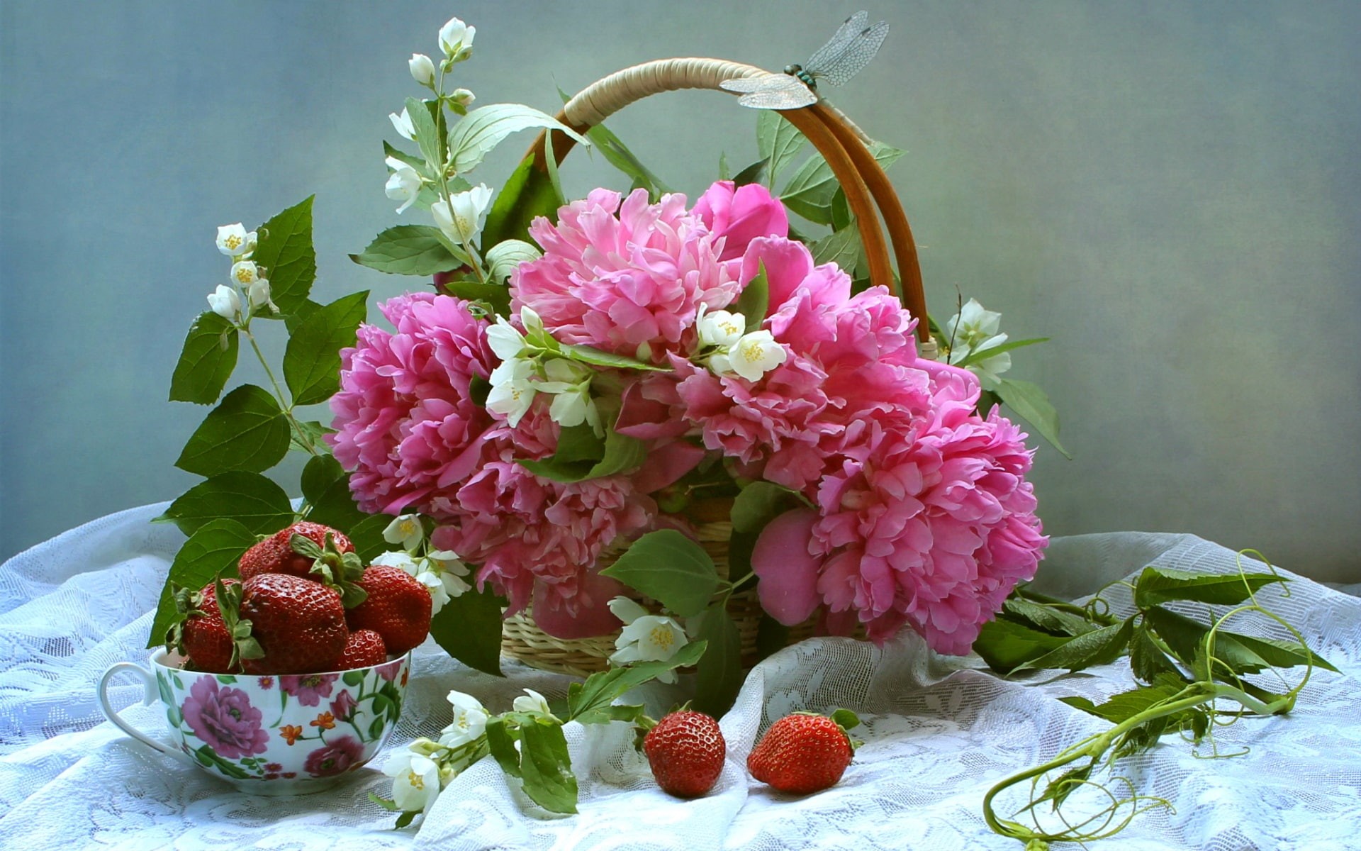 Peonies, Basket, 1080P, White, Jasmine, Pink, Strawberry, HD Wallpaper