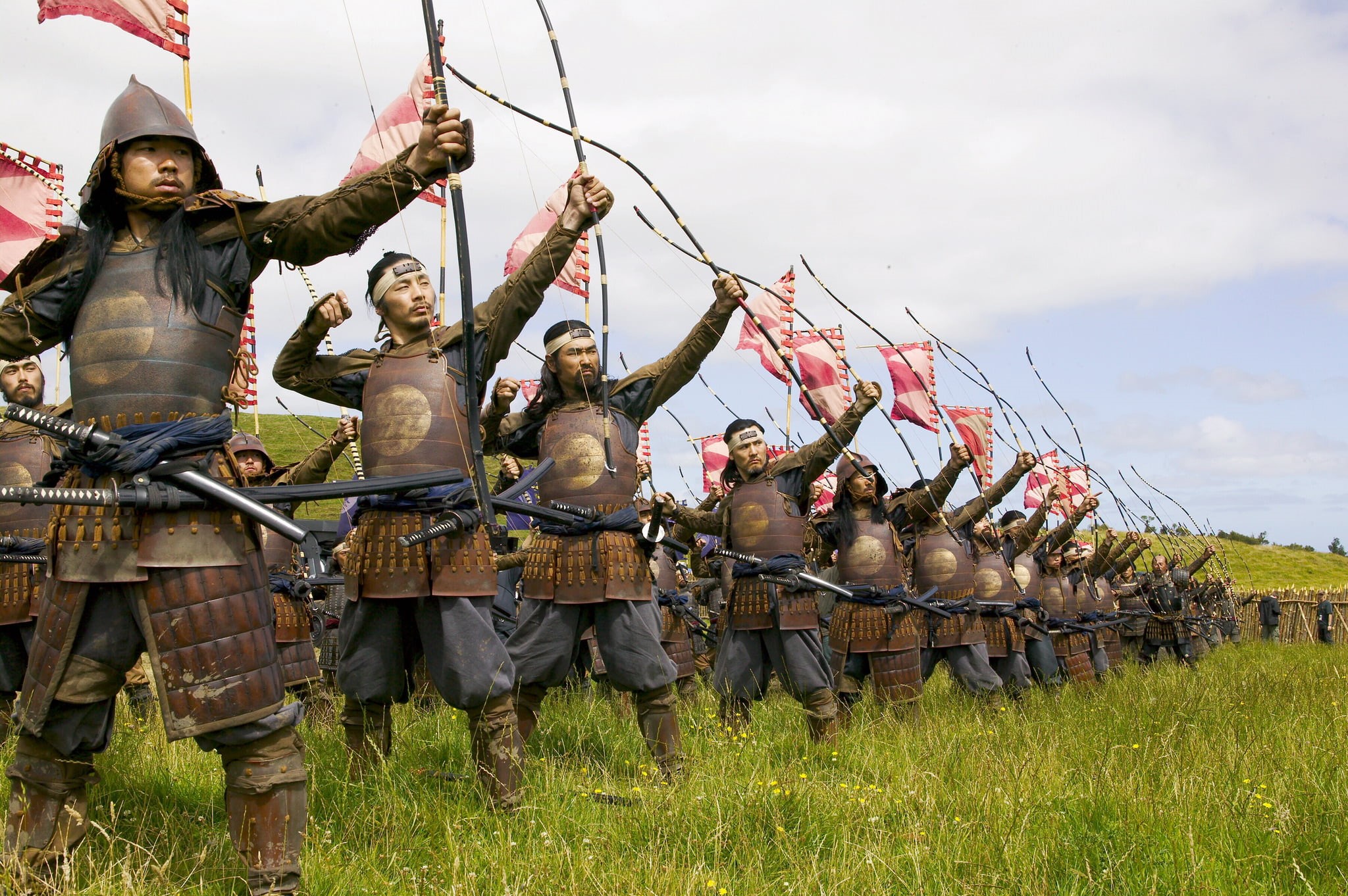 males, standing, full length, grass, army, group, bows, front view, real people, The Last Samurai, arms raised, nature, togetherness, holding, clothing, HD Wallpaper