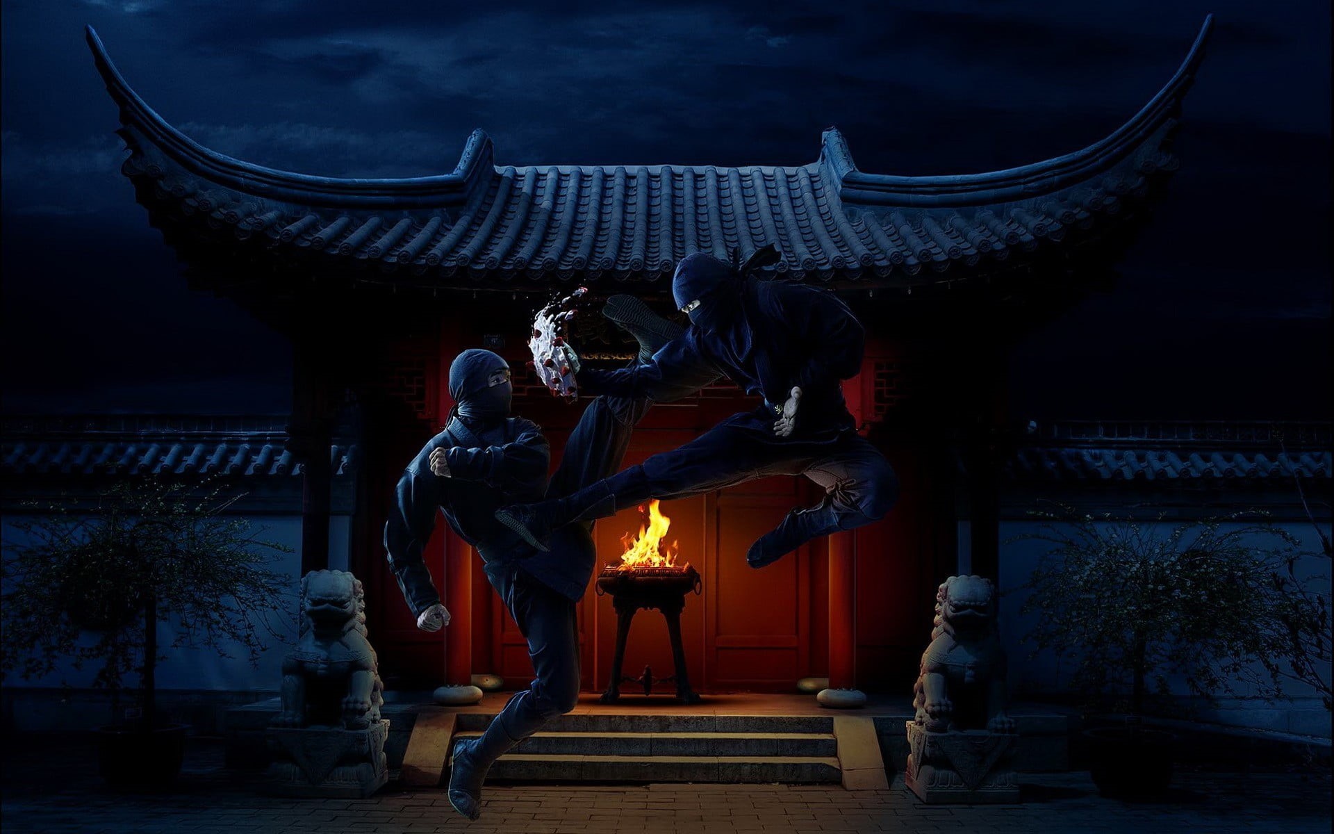  fighting, warrior, art and craft, built structure, building, sculpture, nature, place of worship, statue, two, ninjas, two people, religion, HD Wallpaper