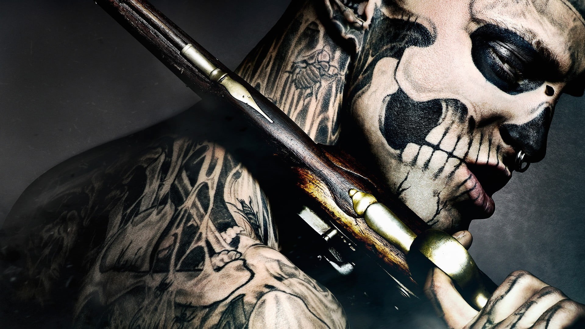 creativity, gun, 47 Ronin, mask, adult, man, bone, indoors, human body part, one person, metal, movies, art and craft, paint, real people, mask - disguise, HD Wallpaper