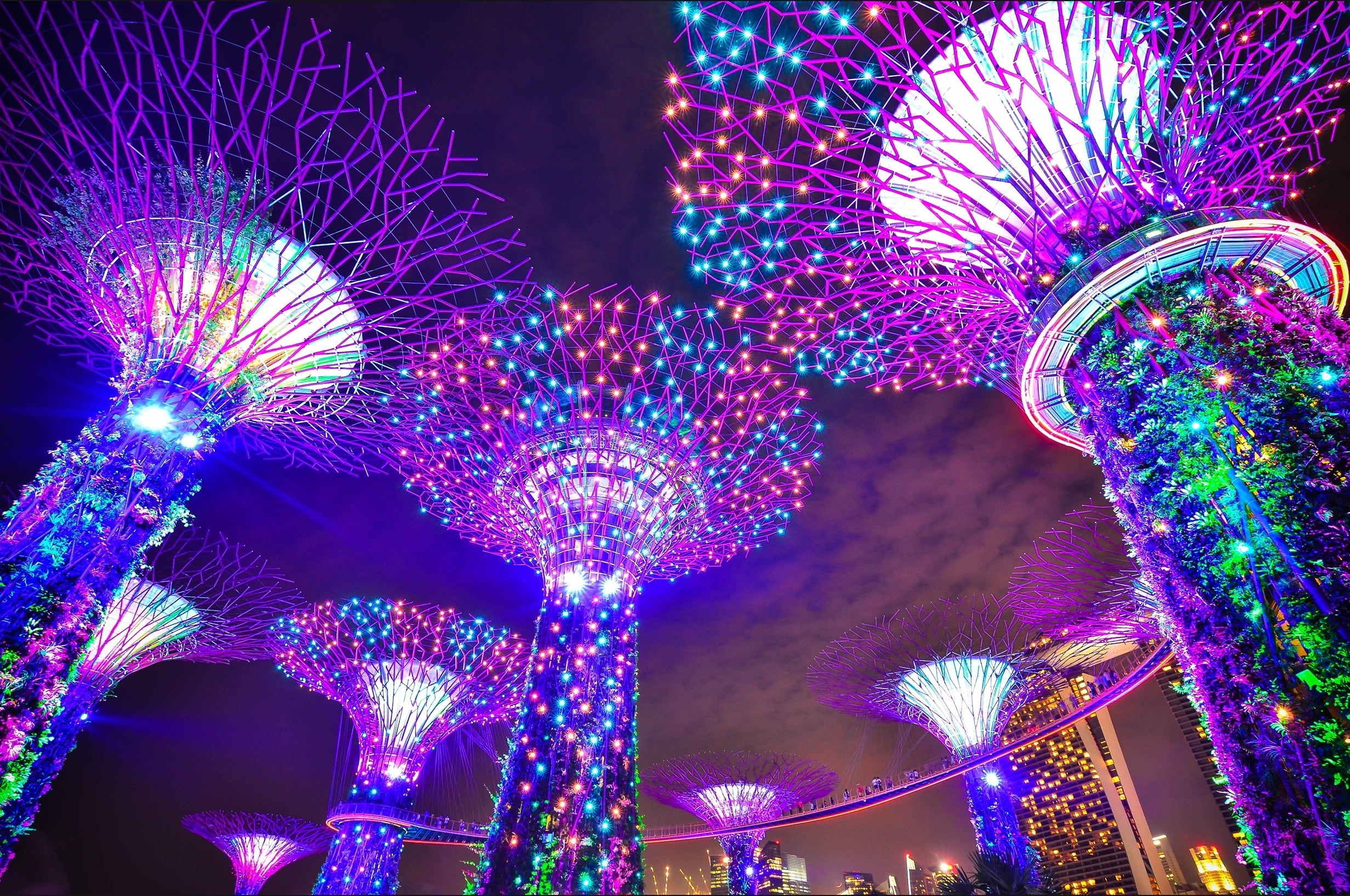 decorations, science, no people, firework display, long exposure, gardens by the bay, multi colored, neon, night, lighting equipment, outdoors, arts culture and entertainment, HD Wallpaper