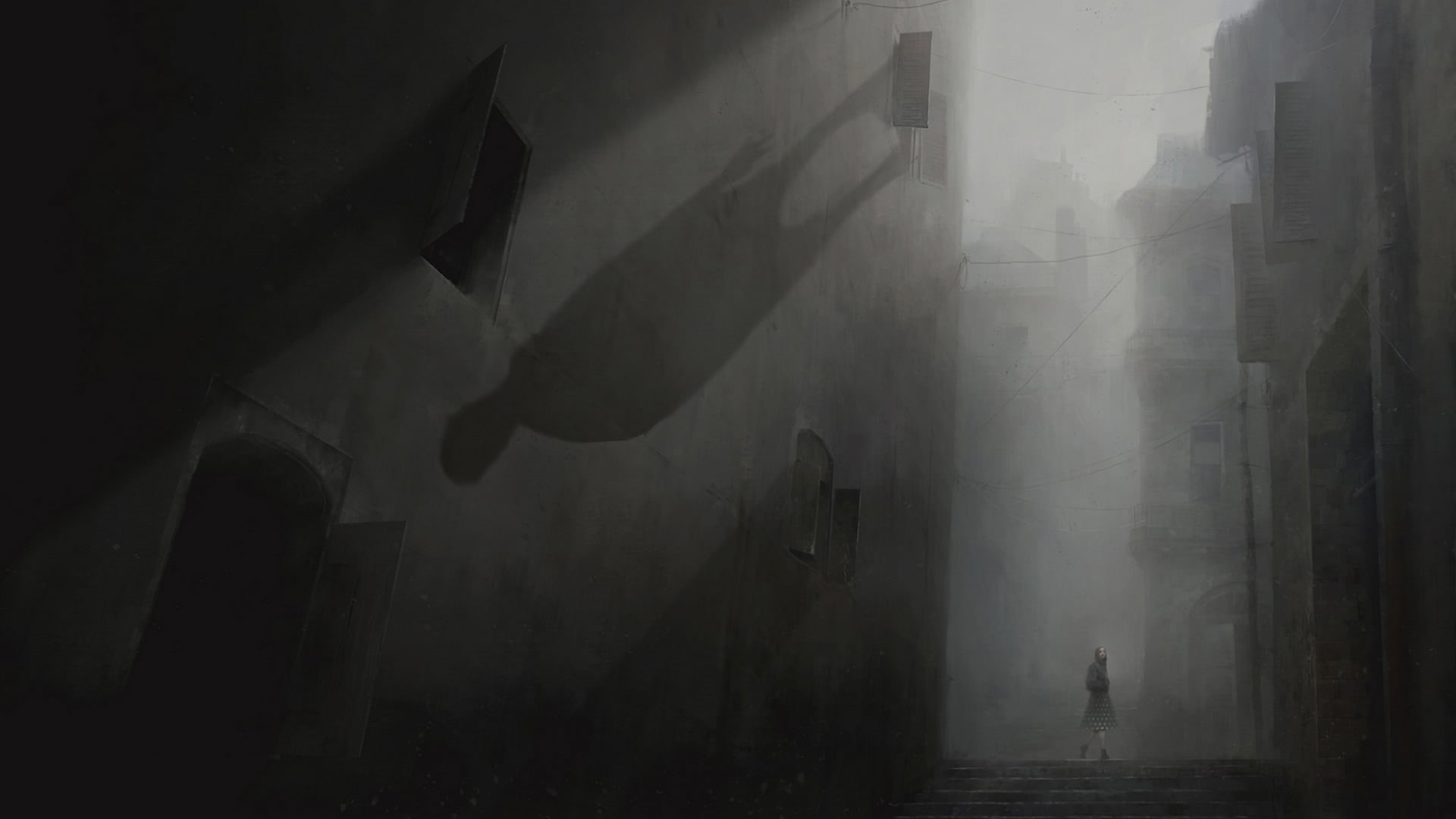 shadow fiend, alleyway, digital painting, artwork, painting, dark, fantasy art, 1080P, gray, women, fantastic realism, digital art, HD Wallpaper