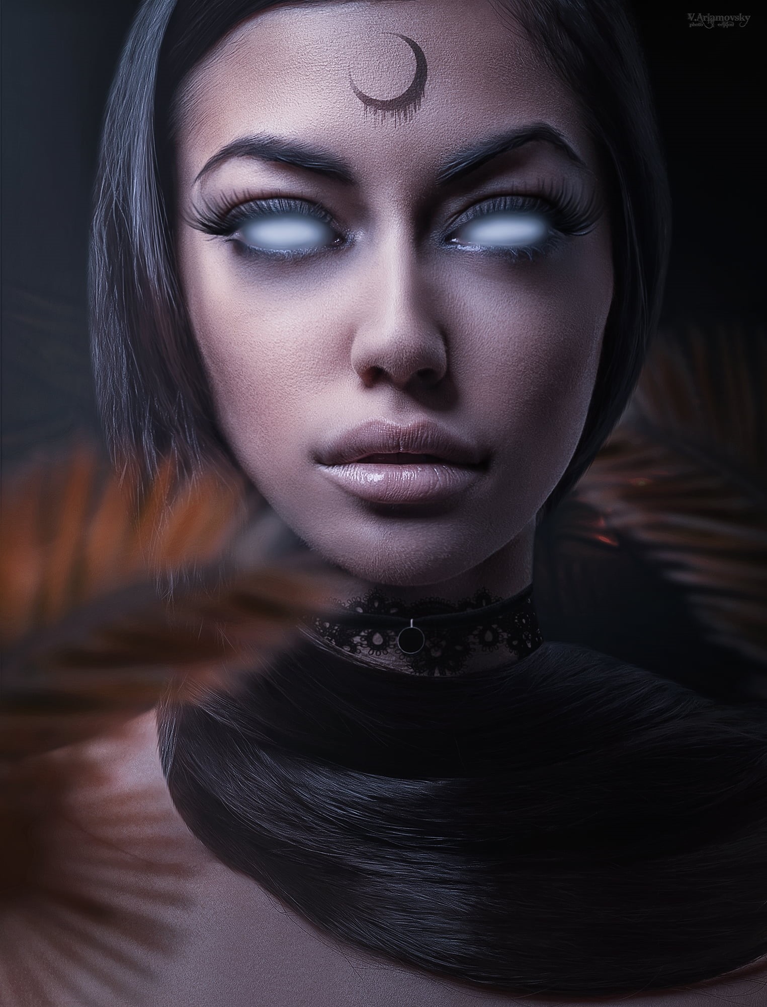 arlamovsky, mistery, leaves, hair, brunette, art installation, 1080P, tattoo, creative coding, shadow fiend, retouching, portrait, dark hair, dark background, Phone HD Wallpaper