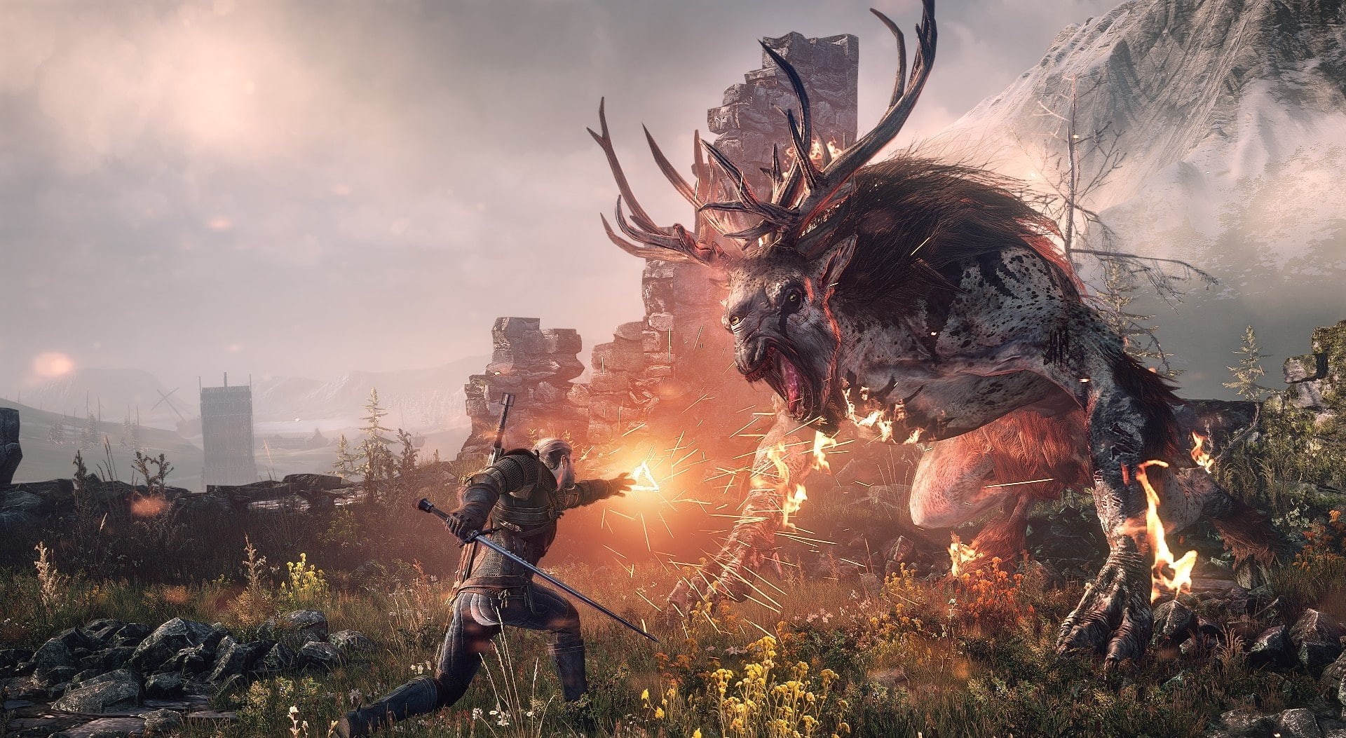 building exterior, architecture, smoke - physical structure, flame, Wild, sky, outdoors, 1080P, The Witcher, witcher 3, event, Fighting, Games, witch, HD Wallpaper