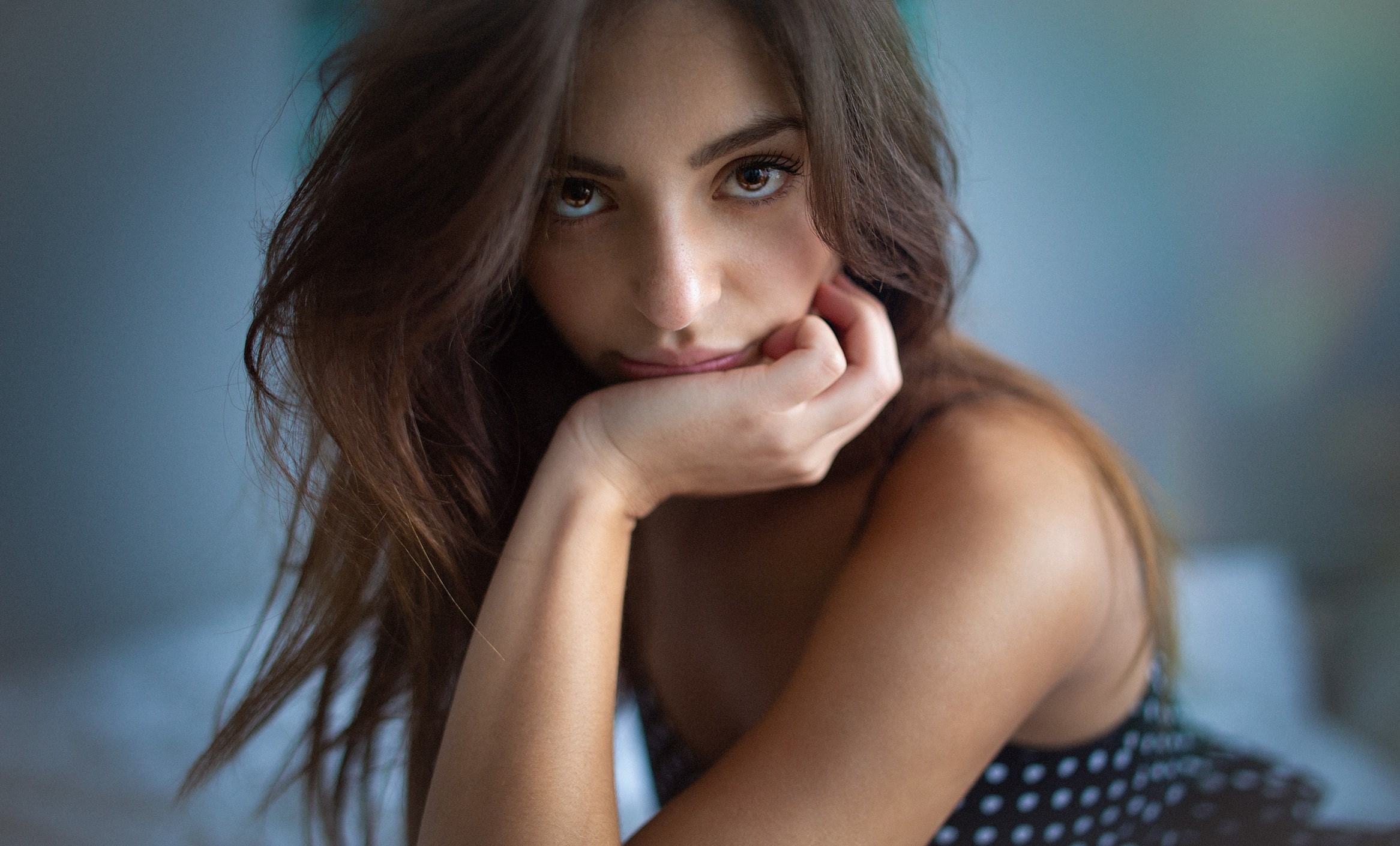 model, women indoors, brunette, The Photo Fiend, face, touching face, looking at viewer, indoors, bokeh, brown eyes, women, dress, portrait, 1080P, HD Wallpaper