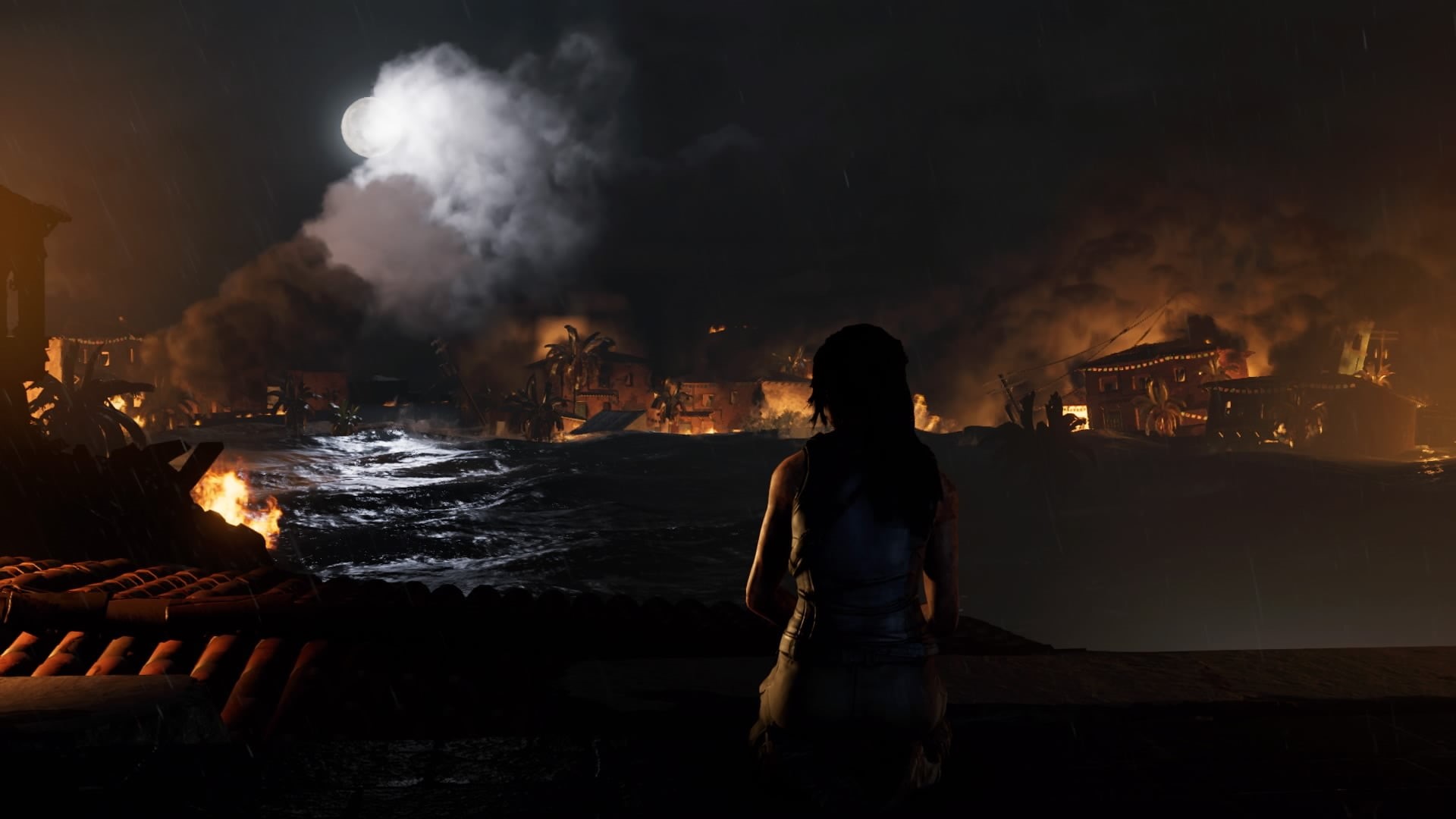 real people, fire - natural phenomenon, men, video games, illuminated, fire, rear view, Lara Croft, smoke - physical structure, three quarter length, Shadow of the Tomb Raider, HD Wallpaper