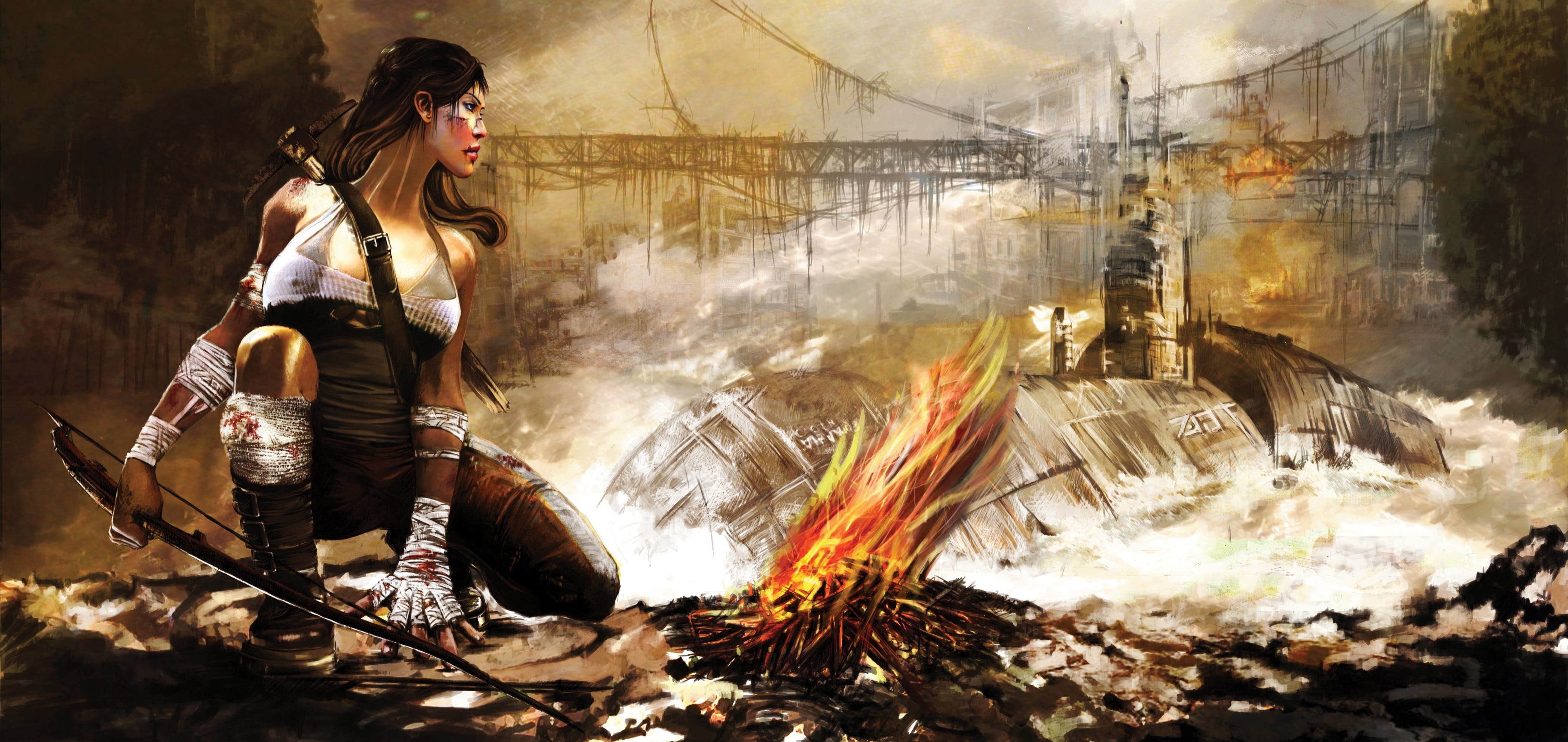 full length, smoke - physical structure, clothing, beauty, woman, bow, females, Tomb Raider, beautiful people, one person, holding, sitting, HD Wallpaper
