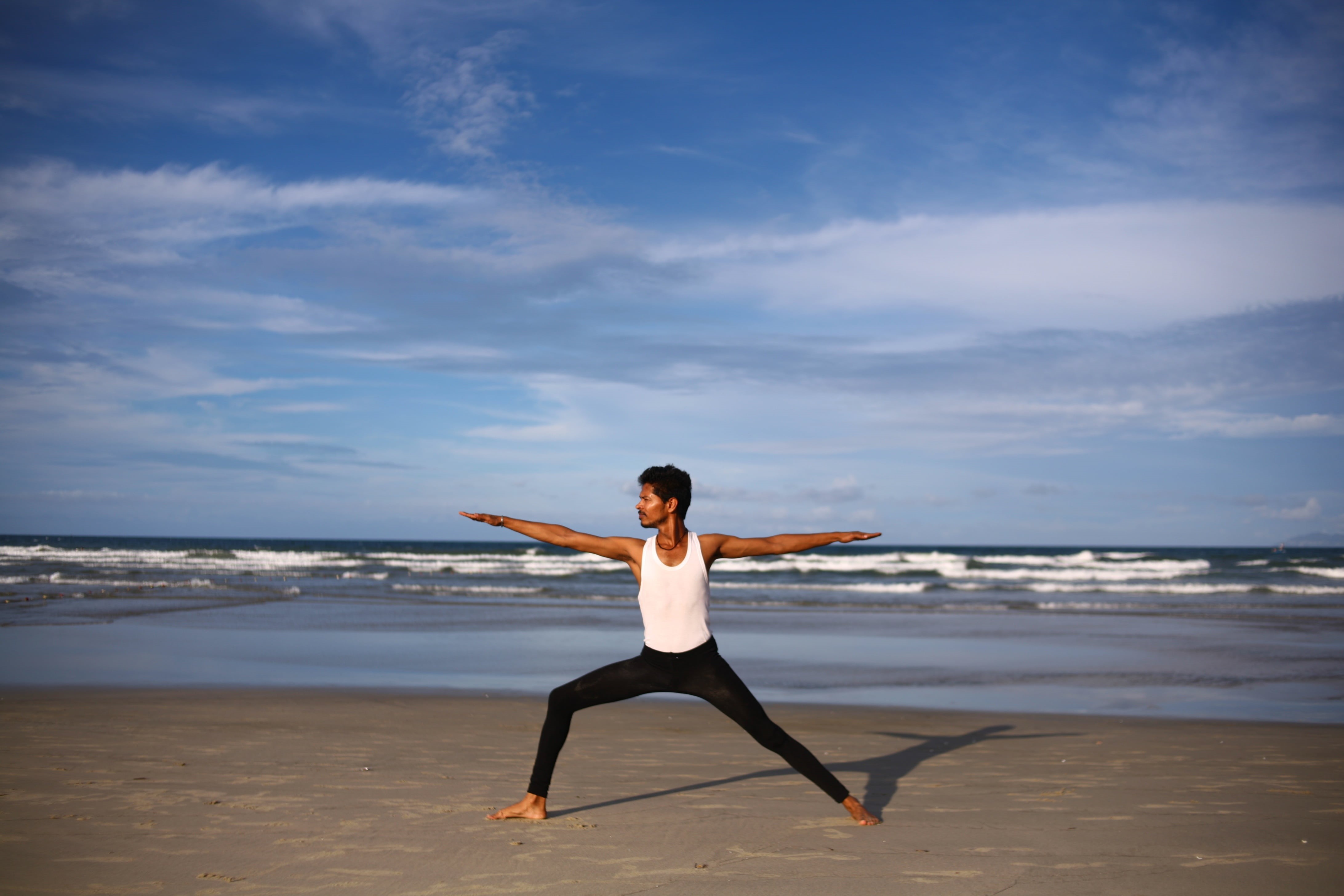 people, yoga, harmony, real people, relaxation, meditating, energy, person, pose, fitness, indian, full length, white, sky, horizon over water, balance, HD Wallpaper