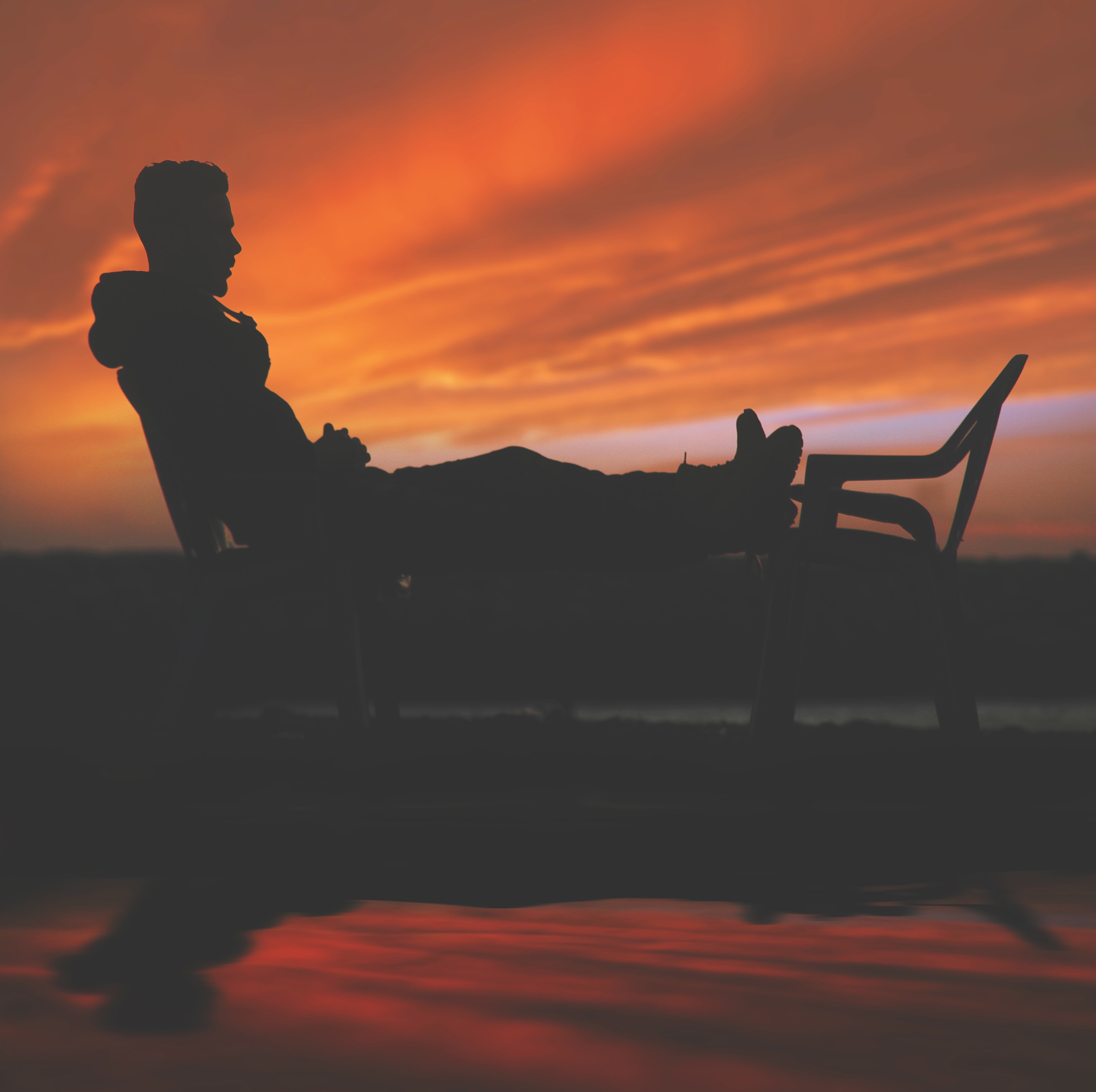 tranquil scene, sunset, relax, water, 4K, side view, daytime, one person, cloud - sky, sitting, scenics - nature, lifestyles, backrest, real people, adult, HD Wallpaper