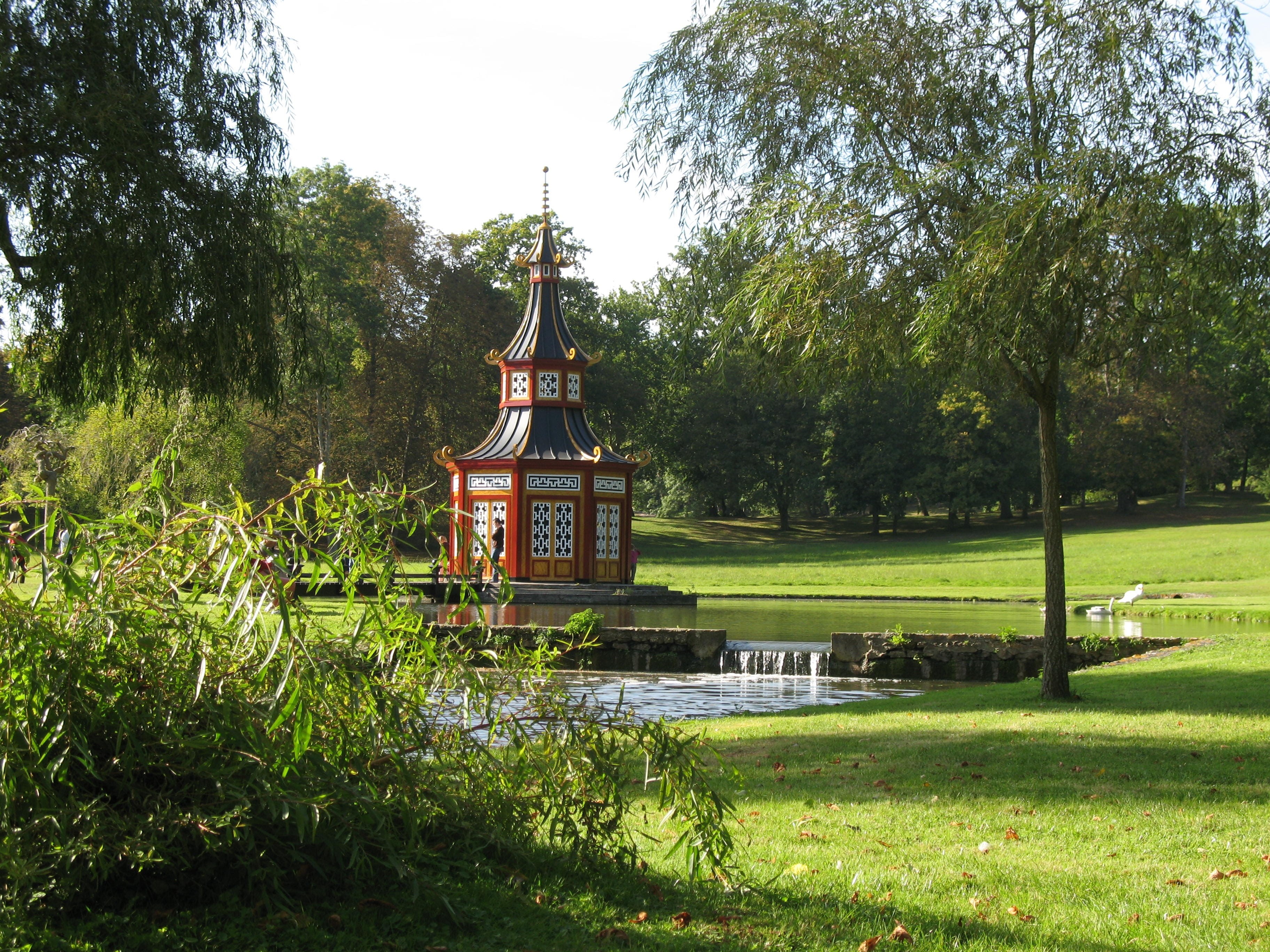 grass, tranquility, park - man made space, forest, water, garden, tower, landscape, green, park, religion, growth, castle groussay, balance, river, tree, HD Wallpaper