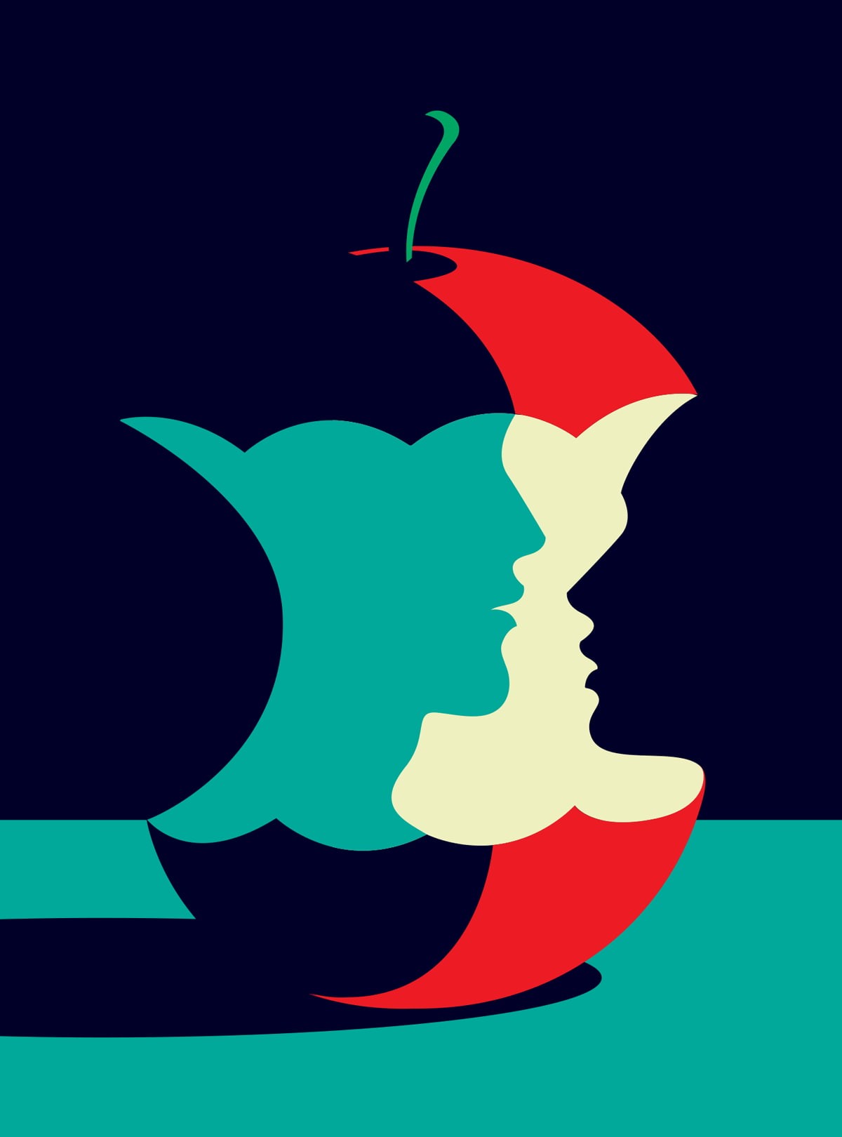 green color, black background, red, face, multi colored, apples, minimalism, colored background, artwork, Malika Favre, fun, blue, fruit, black color, close-up, Phone HD Wallpaper