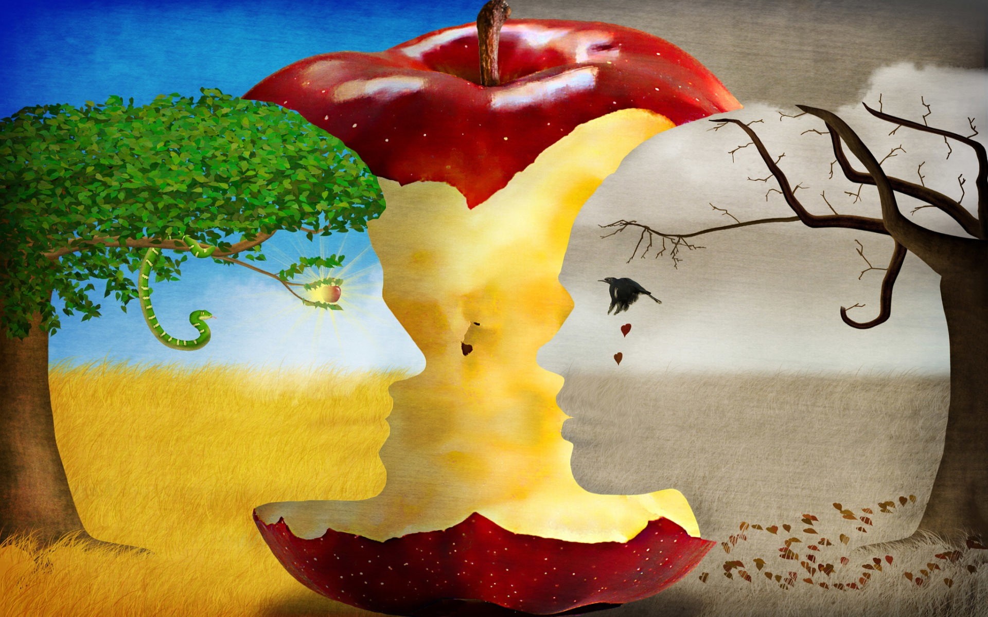 snake, fruit, women, artwork, tears, Crow, 1080P, leaves, imagination, men, Trees, Fall, digital art, summer, sun, face, eyes, field, Apples, Optical Illusion, HD Wallpaper