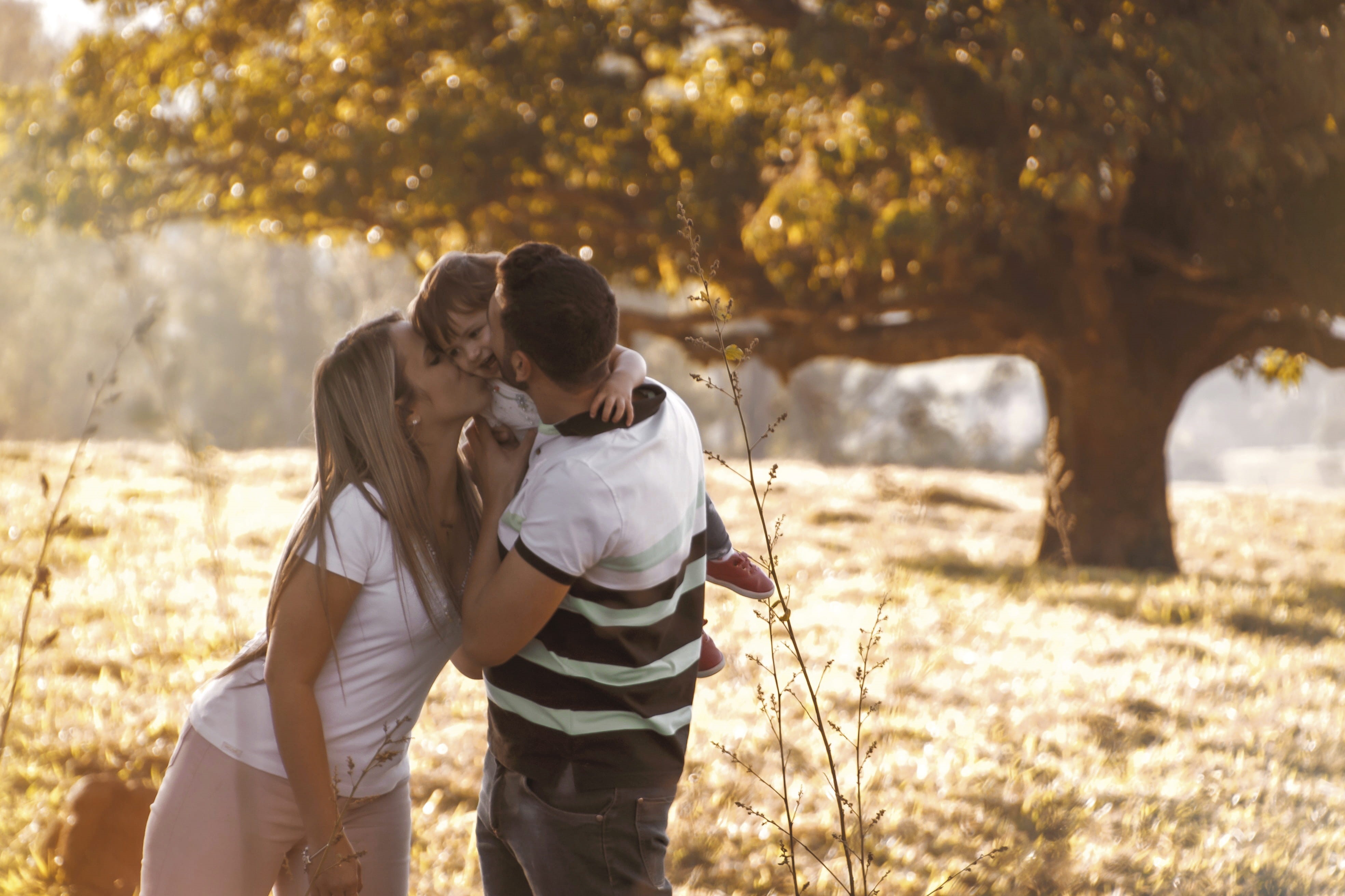 two people, females, togetherness, sunlight, tree, family, people, couple, love, 4K, leisure activity, kissing, lifestyles, baby, outdoors, emotion, father, HD Wallpaper