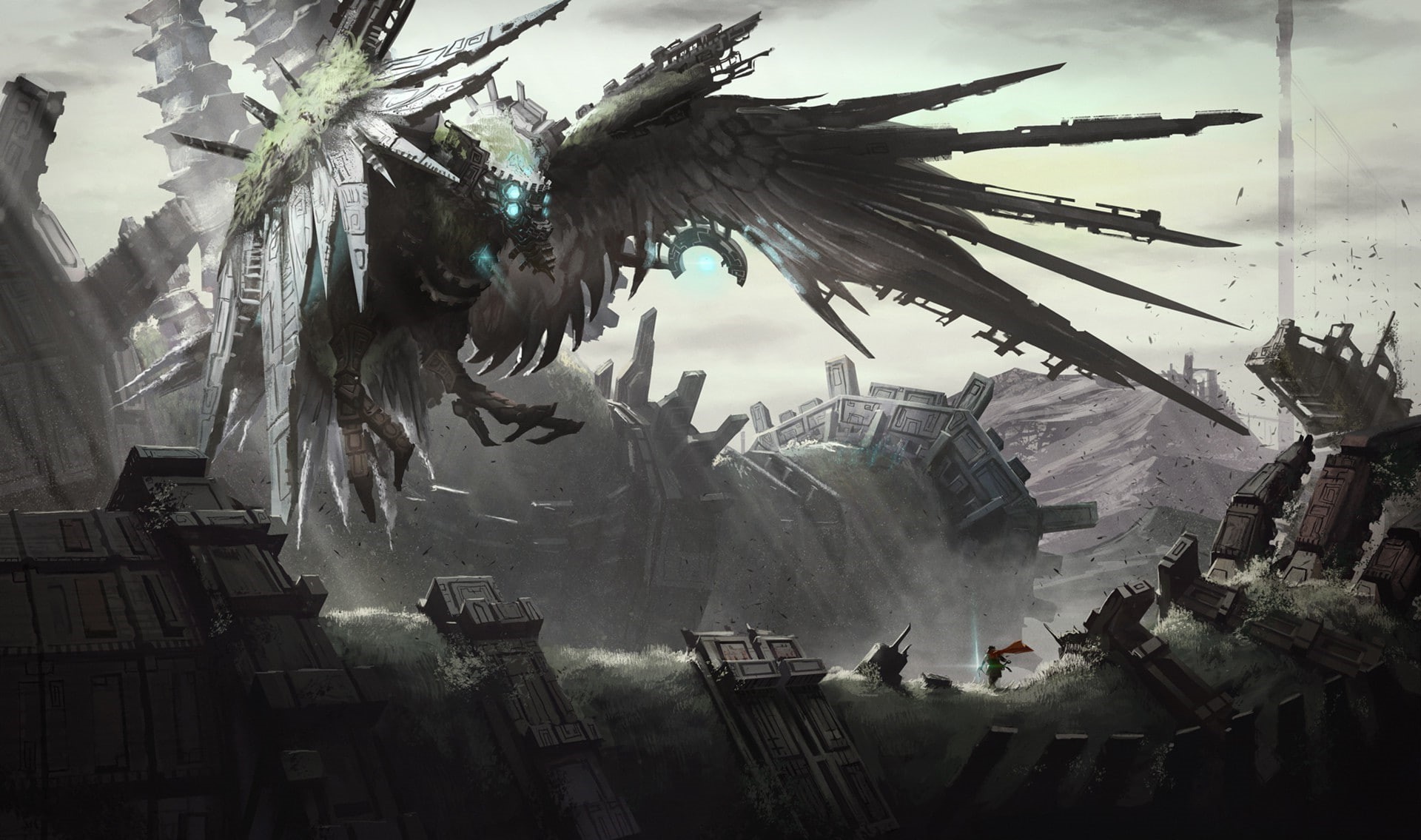 1080P, building, low angle view, art and craft, belief, video games, fantasy Art, Shadow Of The Colossus, architecture, incidental people, feather, religion, HD Wallpaper