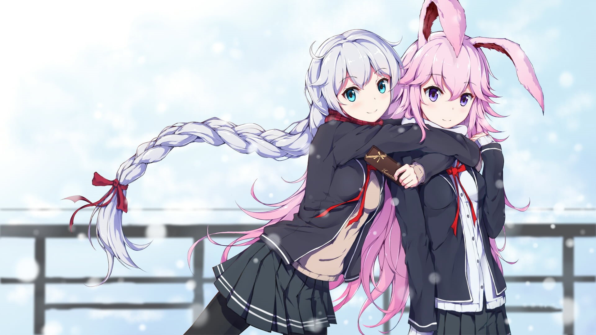 pink hair, mask - disguise, looking at viewer, Honkai Impact, outdoors, human representation, school uniform, winter, disguise, art and craft, anime girls, HD Wallpaper