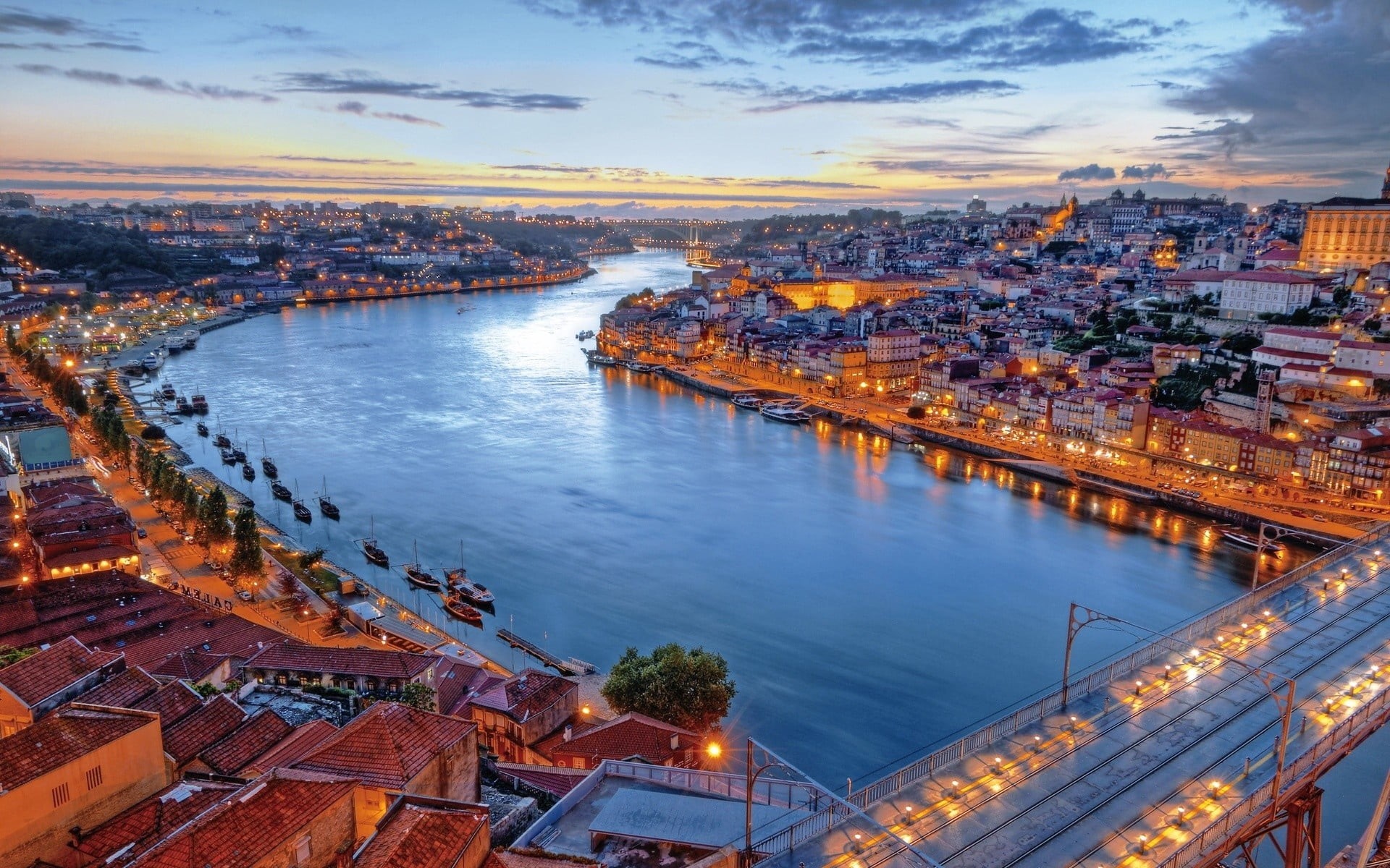 germany, portugal, illuminated, water, travel, outdoors, high angle view, urban Scene, old, street, cathedral, buildings, panoramic, night, building Exterior, HD Wallpaper