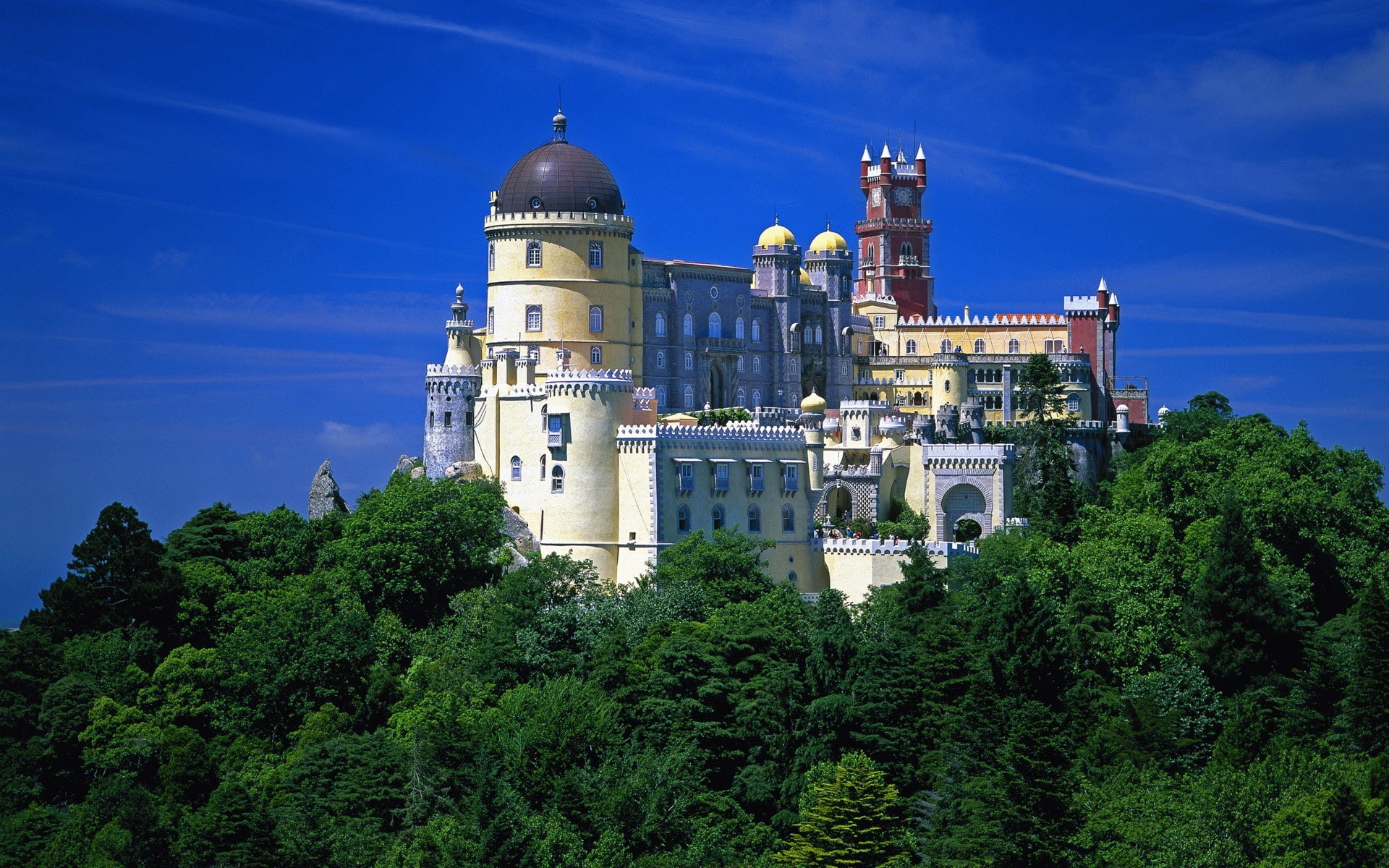 nature, tower, Castelo dos Mouros, Lisbon, Portugal, castle, rock, Sintra, 1080P, building, architecture, clouds, forest, dome, HD Wallpaper