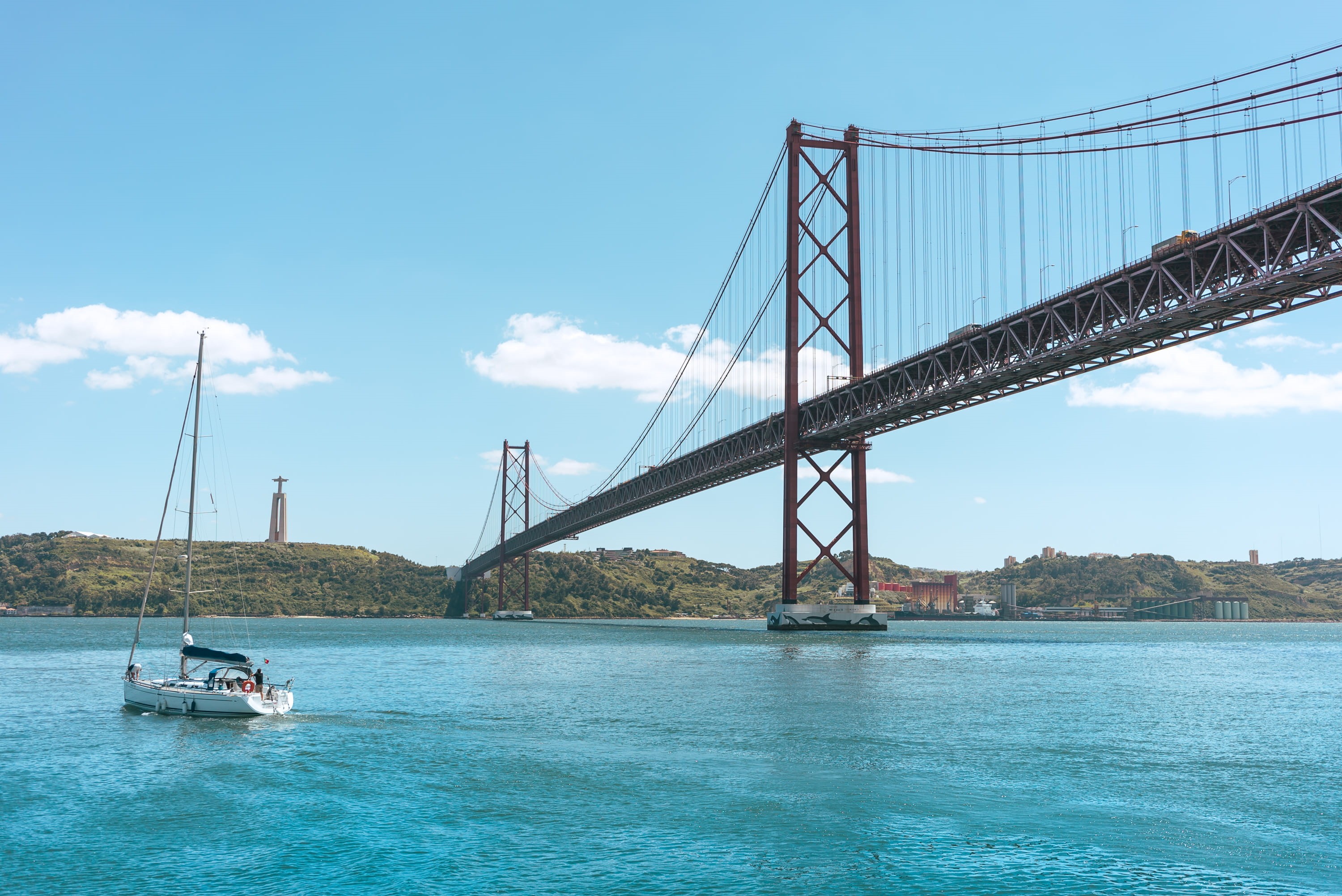 passenger craft, monument, lisboa, ponte 25 de abril, cloud - sky, blue, sun, travel destinations, summer, river, connection, architecture, sky, suspension bridge, HD Wallpaper