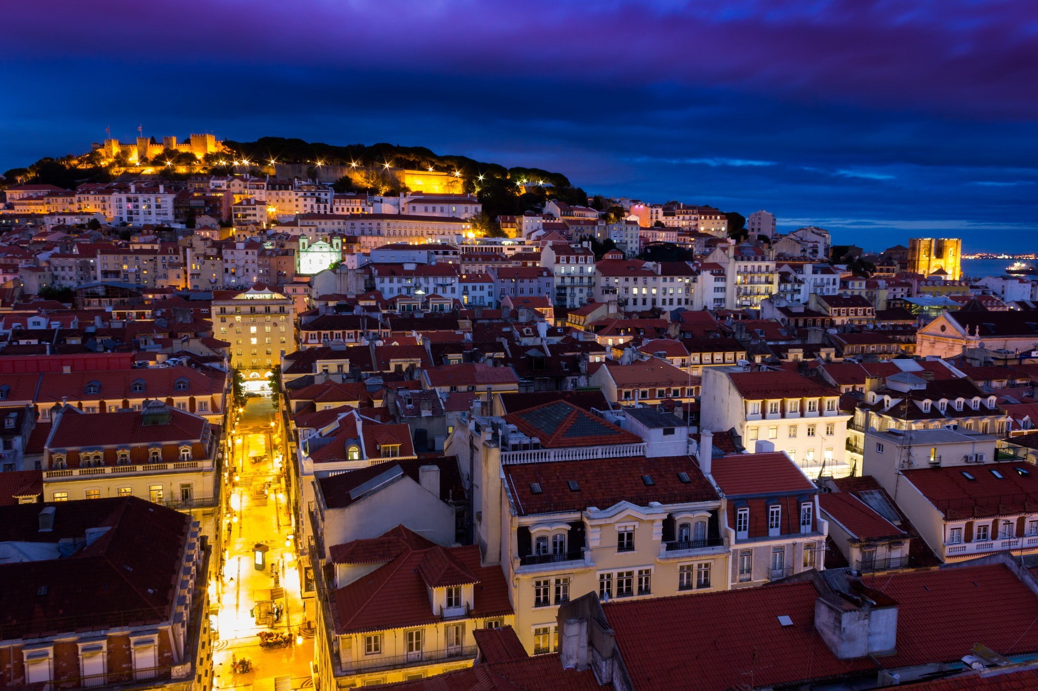 houses, architecture, Portugal, blue, Lisbon, castle, Buildings, 1080P, lights, sky, Night, the capital, HD Wallpaper