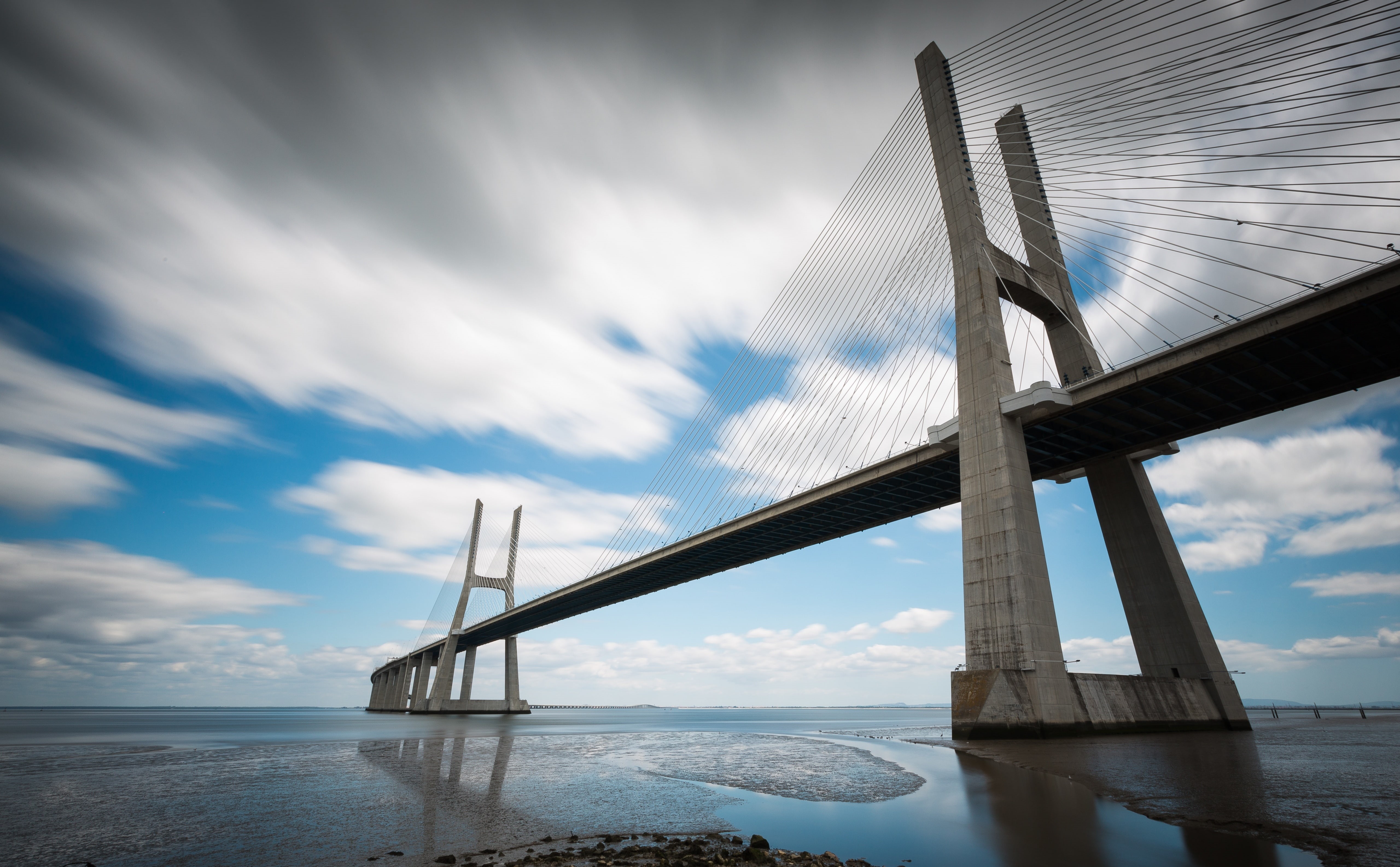 no people, canon, filters, sky, canoneos5dmarkiii, bay, widelens, Clouds, lowtide, bridge - man made structure, water, baixamar, CableStayedBridge, canon5d, HD Wallpaper