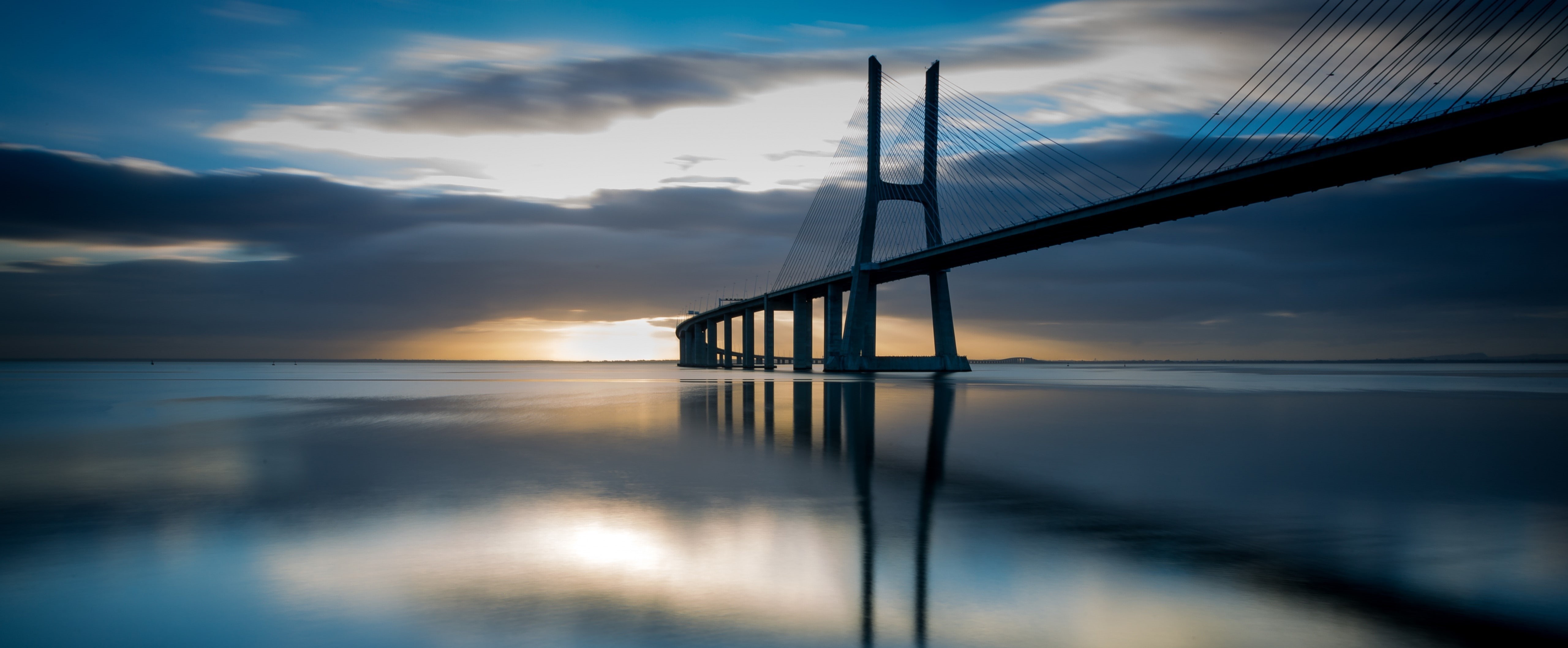 Vasco Da Gama Bridge, 5K, landscape, sunrise, Lisbon, HD Wallpaper